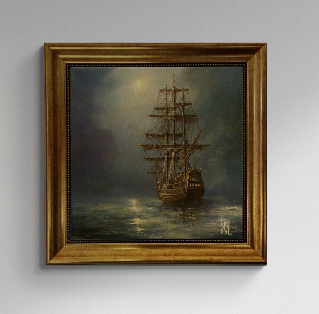 Ship at Night Canvas Print: Vintage Golden Frame, Textured Brushstrokes FOSHE ART