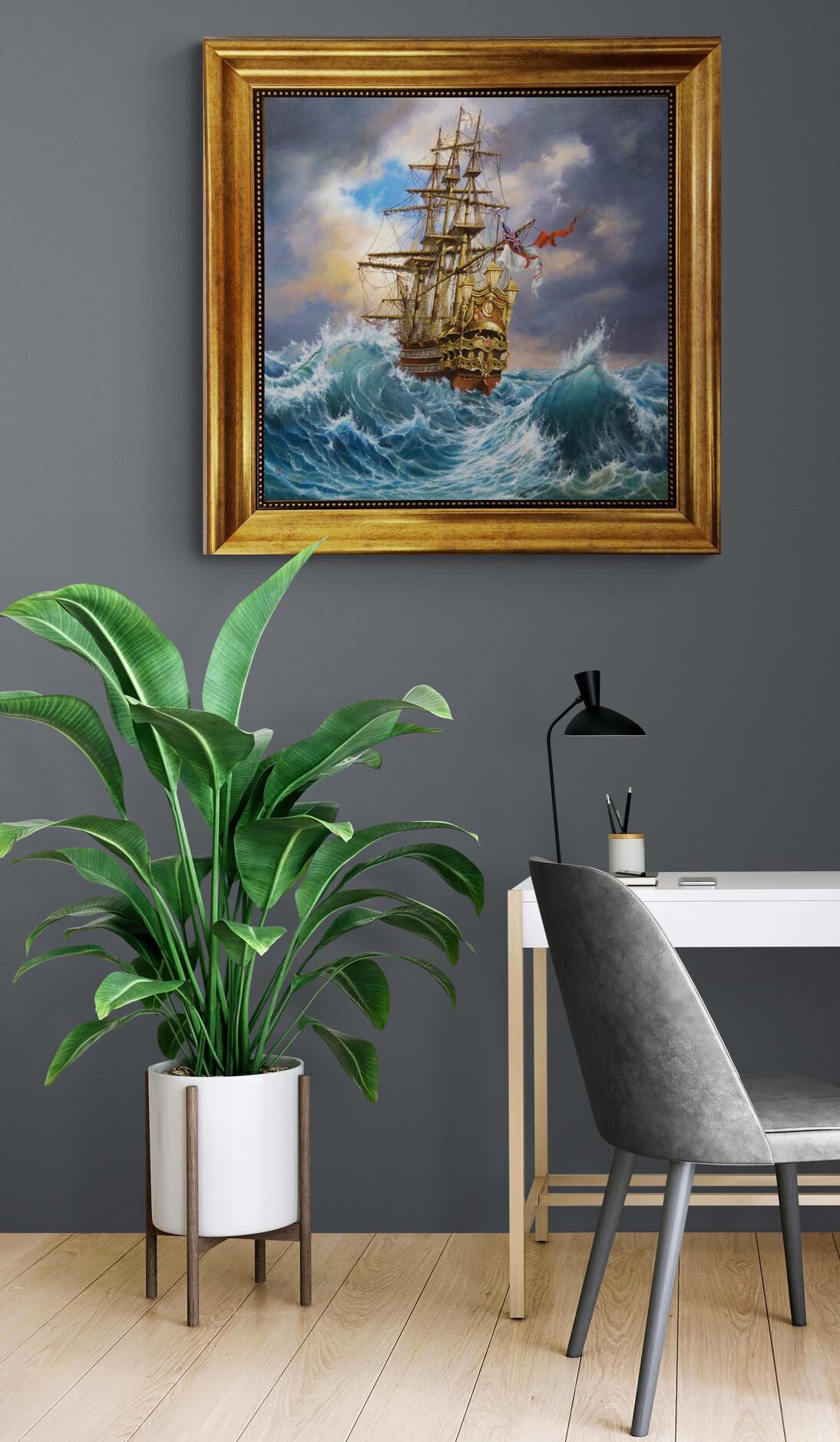 Tall Ship Canvas Art Print, Golden Vintage Frame, Brush Stroke Finish FOSHE ART