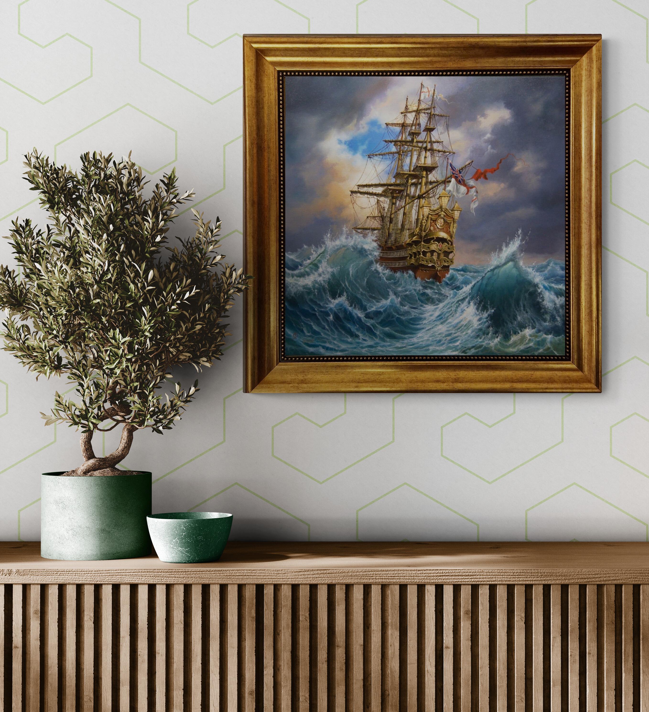 Tall Ship Canvas Art Print, Golden Vintage Frame, Brush Stroke Finish FOSHE ART