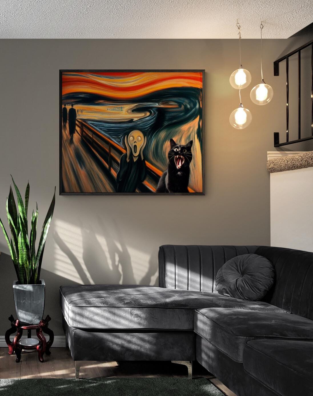 Feline Scream Art Print, Black Cat Edvard Munch Parody, Giclee or Canvas FOSHE ART