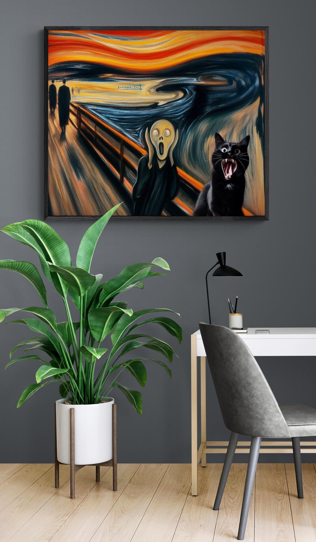 Feline Scream Art Print, Black Cat Edvard Munch Parody, Giclee or Canvas FOSHE ART