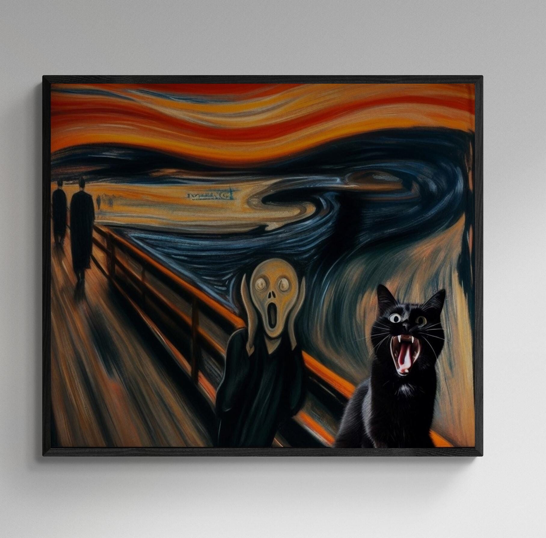 Feline Scream Art Print, Black Cat Edvard Munch Parody, Giclee or Canvas FOSHE ART