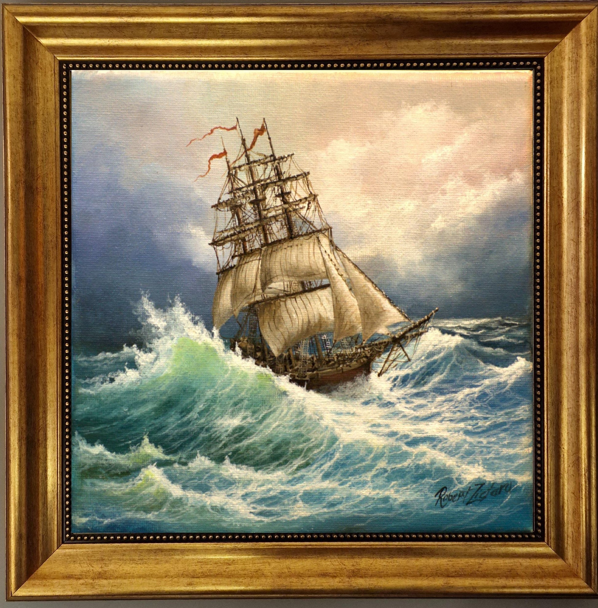 Voyage of the Valiant, Tall Ship Gliclée canvas hand finished premium print w brush strokes and golden vintageous frame looks like original FOSHE ART
