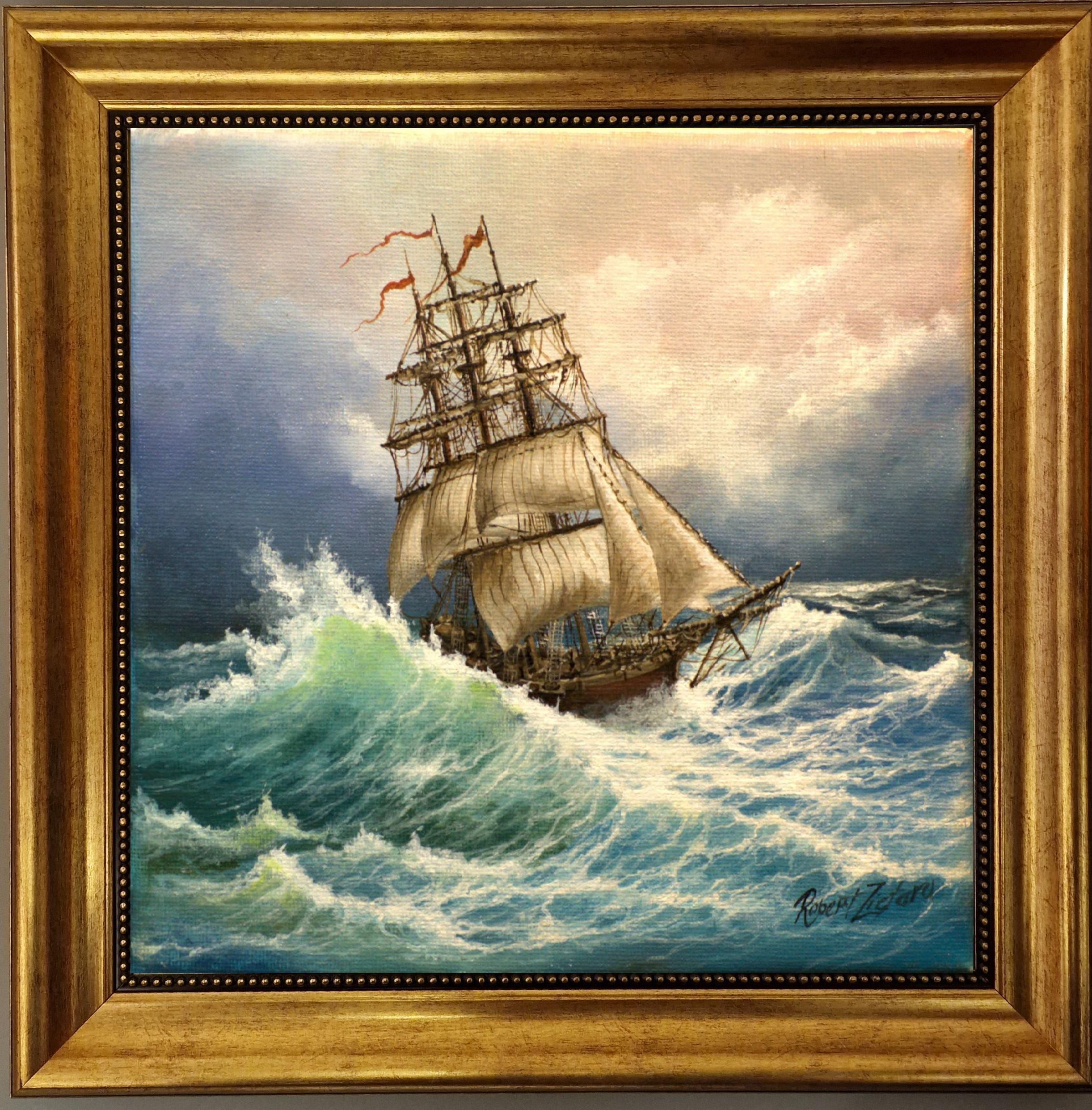 Voyage of the Valiant, Giclée Tall Ship Canvas Print with Golden Frame FOSHE ART