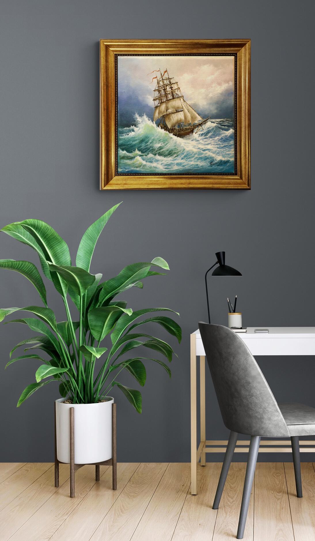 Voyage of the Valiant, Tall Ship Gliclée canvas hand finished premium print w brush strokes and golden vintageous frame looks like original FOSHE ART