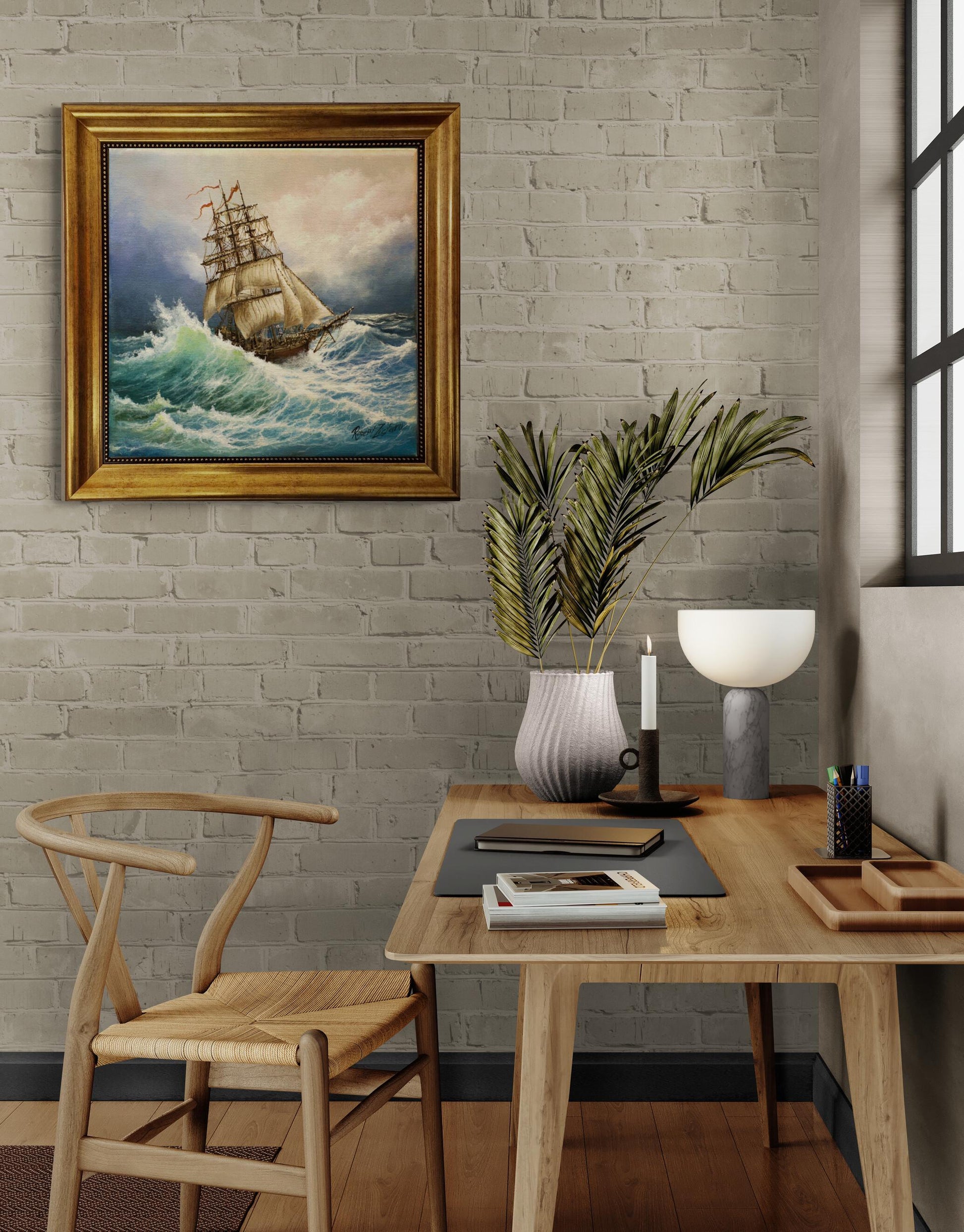 Voyage of the Valiant, Tall Ship Gliclée canvas hand finished premium print w brush strokes and golden vintageous frame looks like original FOSHE ART