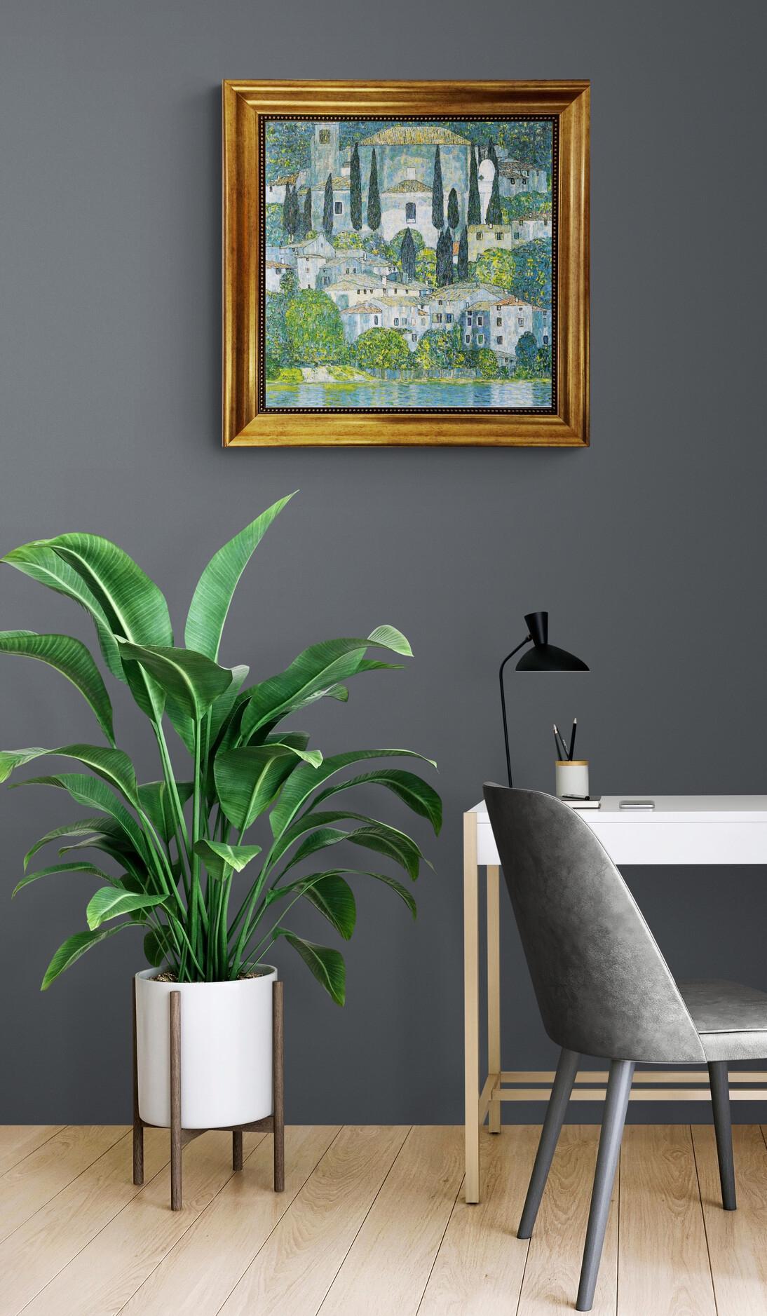 GUSTAV KLIMT Church in Cassone Gliclée canvas hand finished premium print with brush strokes and golden vintageous frame looks like original FOSHE ART