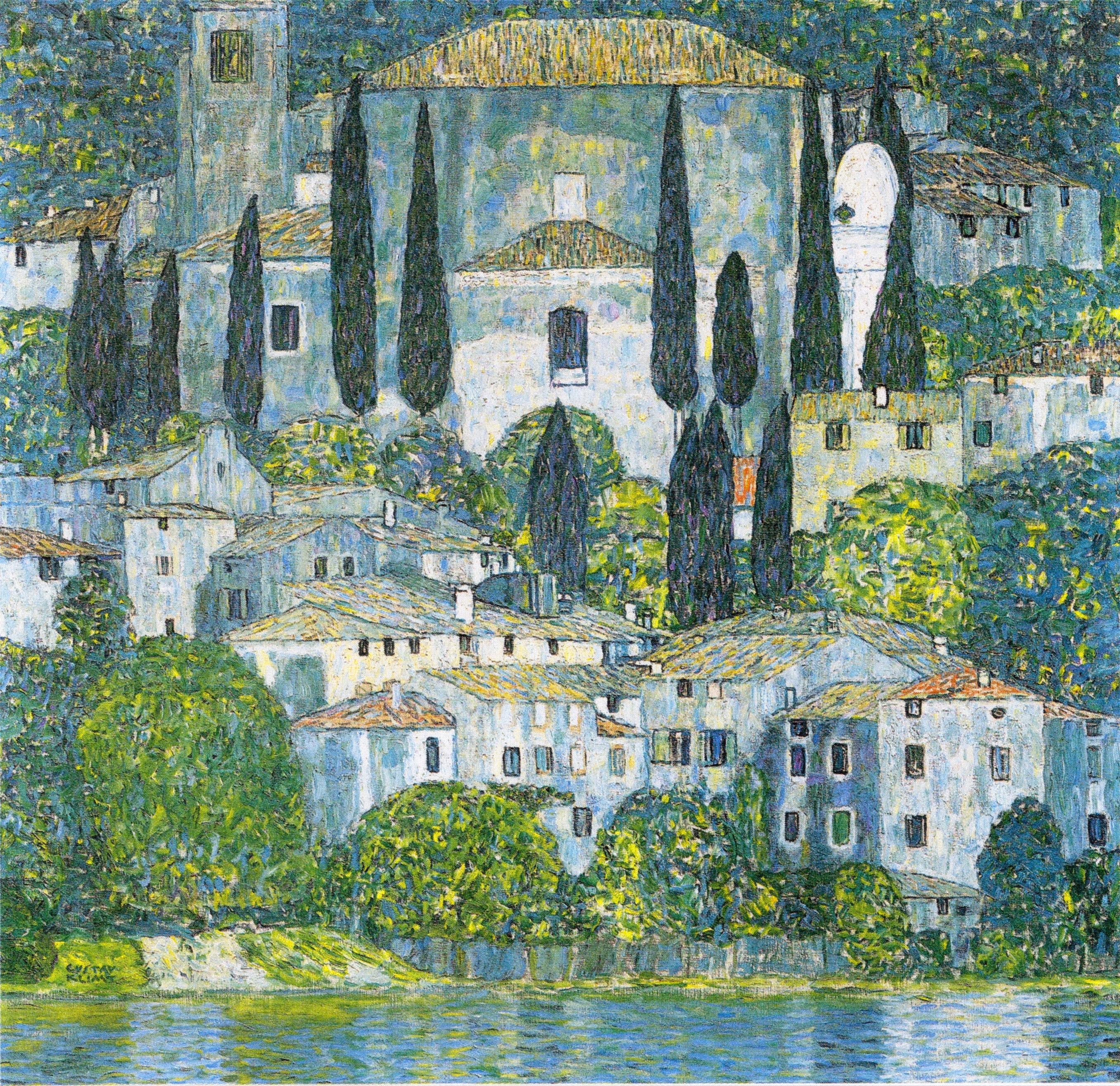 Klimt Church in Cassone Giclée Canvas Print: Hand-Finished Brush strokes with Vintage Golden Frame FOSHE ART