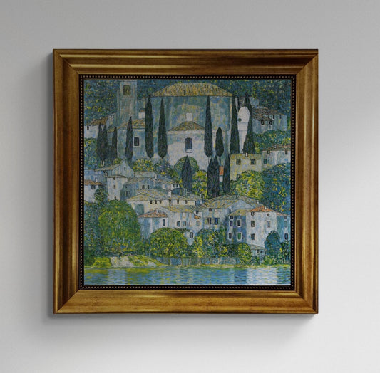 GUSTAV KLIMT Church in Cassone Gliclée canvas hand finished premium print with brush strokes and golden vintageous frame looks like original FOSHE ART