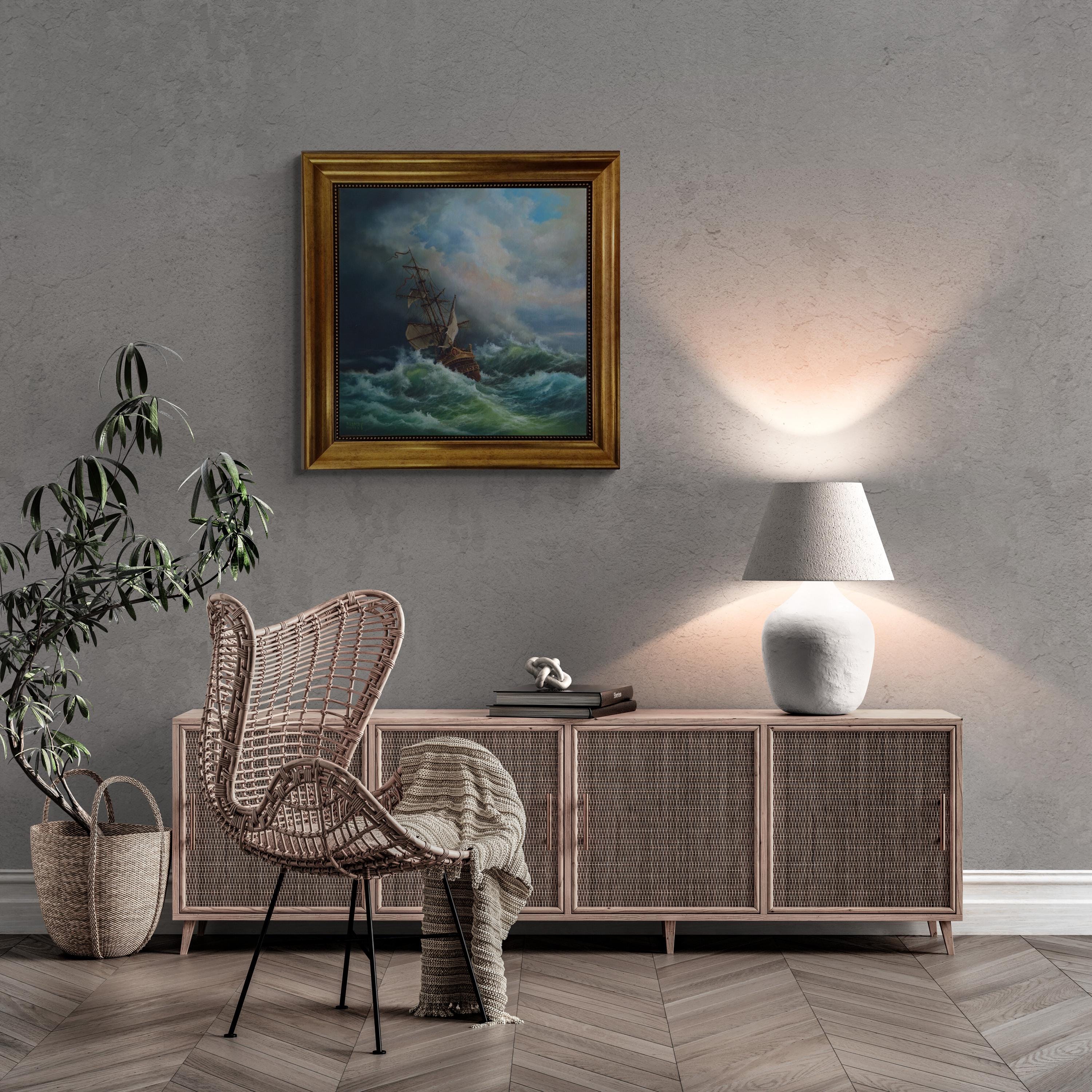 Tall Ship Canvas Print, Stormy Seas, Vintage Golden Frame FOSHE ART
