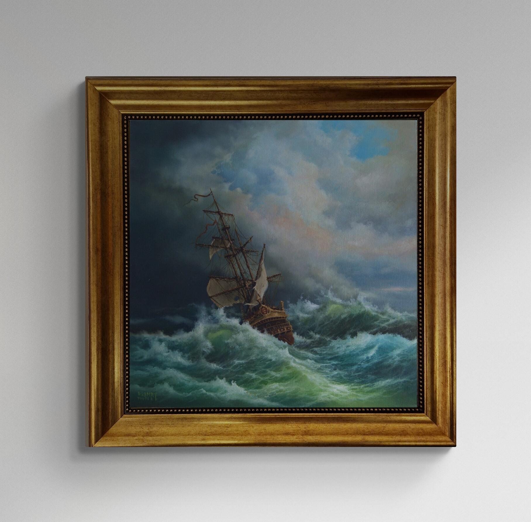 Tall Ship Canvas Print, Stormy Seas, Vintage Golden Frame FOSHE ART