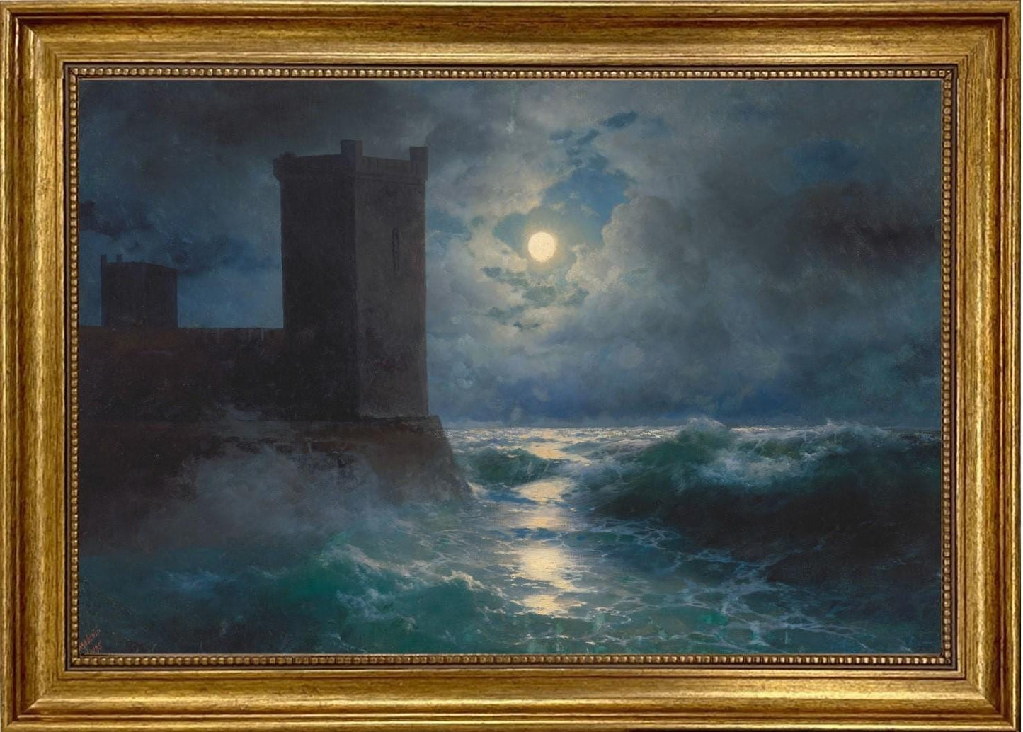 Aivazovsky Genoese towers in Black Sea, Gliclée canvas premium print with brush strokes and golden vintageous frame, looks like original art FOSHE ART