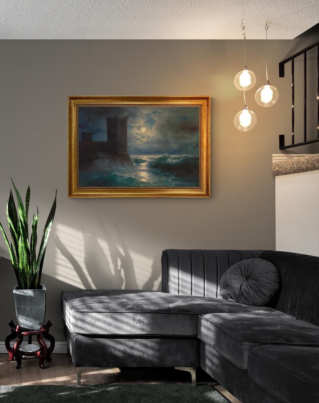 Aivazovsky Genoese towers in Black Sea, Gliclée canvas premium print with brush strokes and golden vintageous frame, looks like original art FOSHE ART