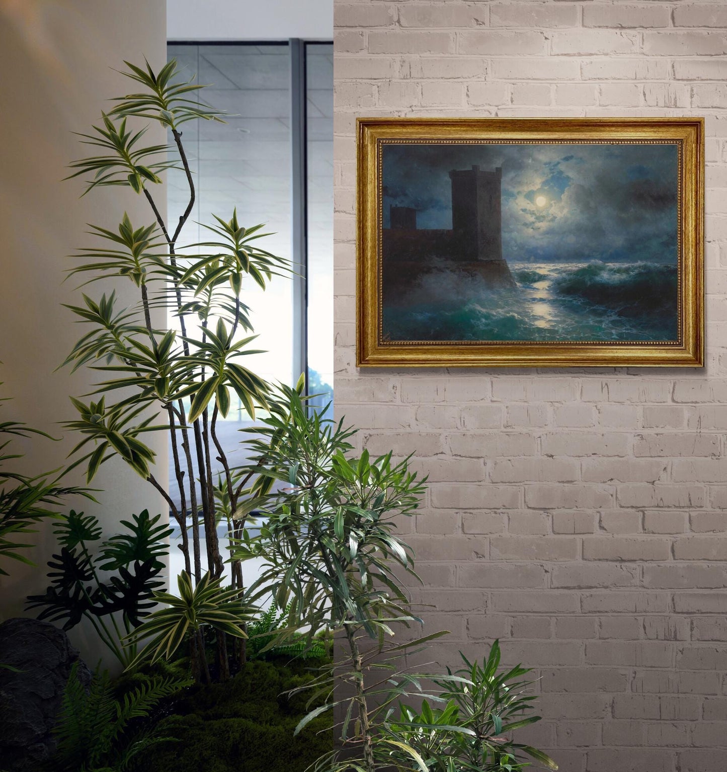 Aivazovsky Genoese towers in Black Sea, Gliclée canvas premium print with brush strokes and golden vintageous frame, looks like original art FOSHE ART