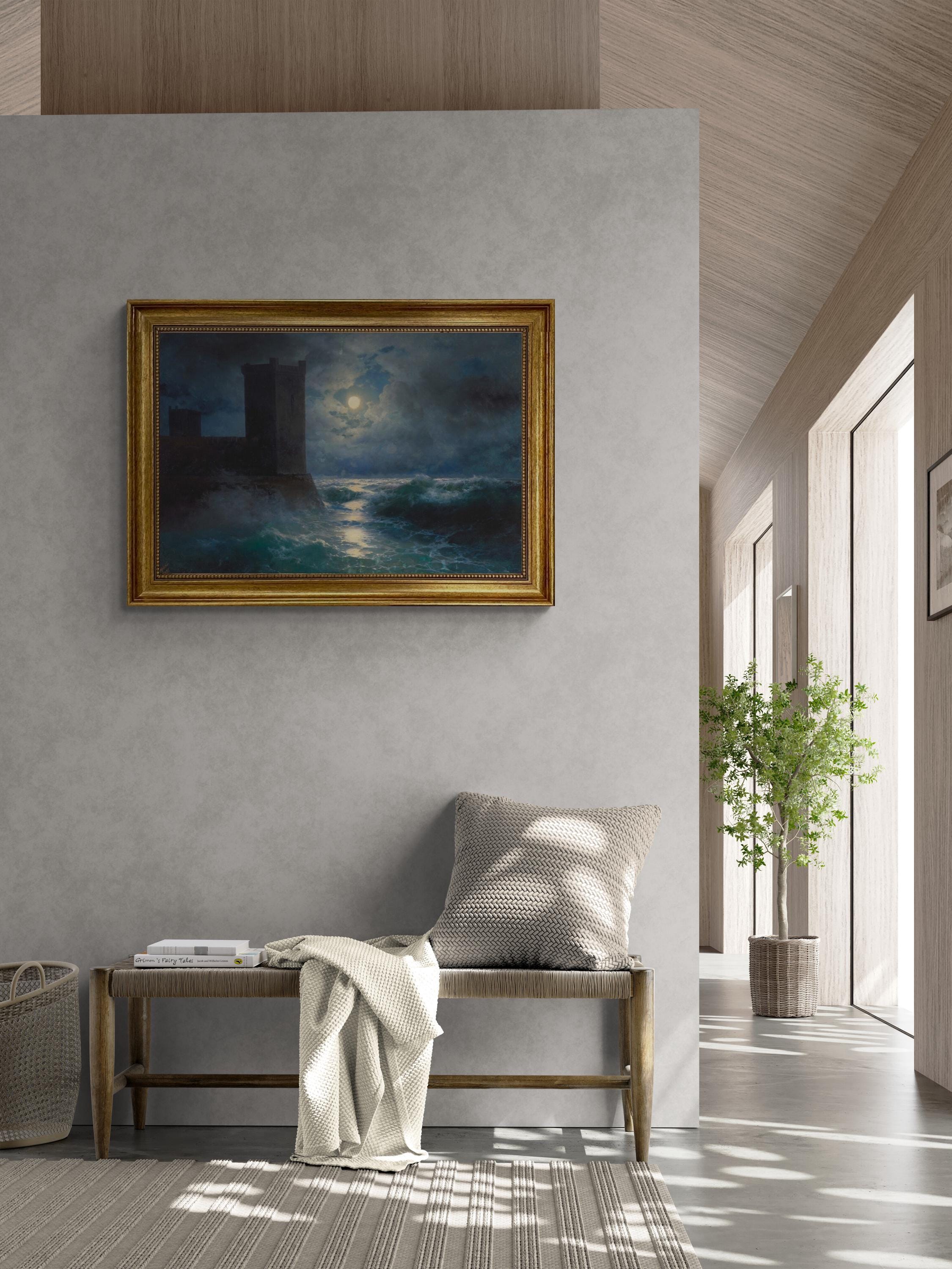 Aivazovsky Genoese towers in Black Sea, Gliclée canvas premium print with brush strokes and golden vintageous frame, looks like original art FOSHE ART