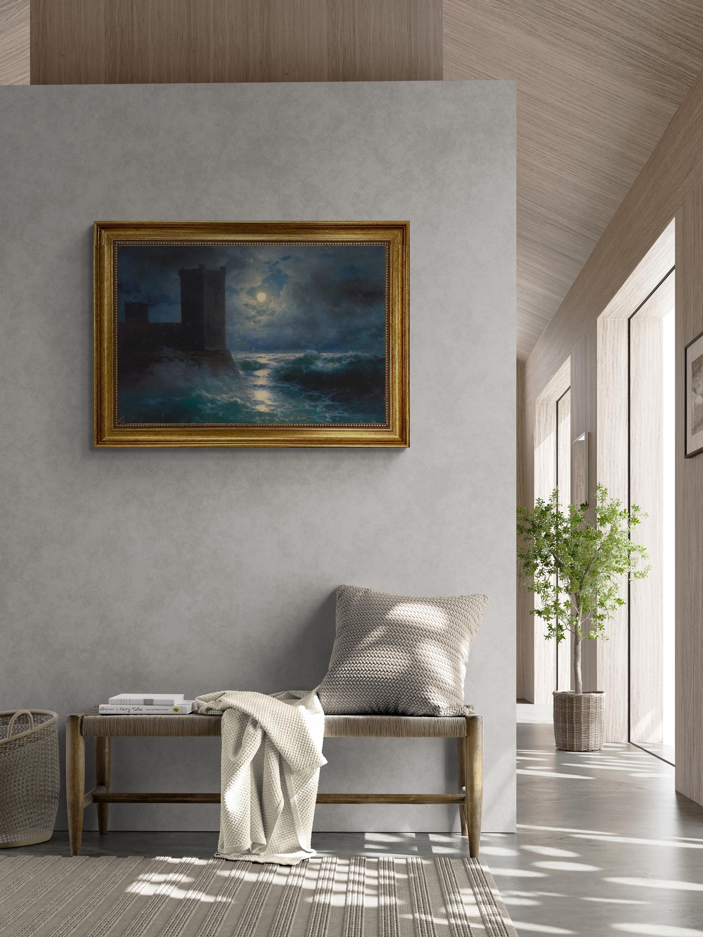Aivazovsky Black Sea Towers Print, Golden Vintage Frame, Textured Canvas FOSHE ART