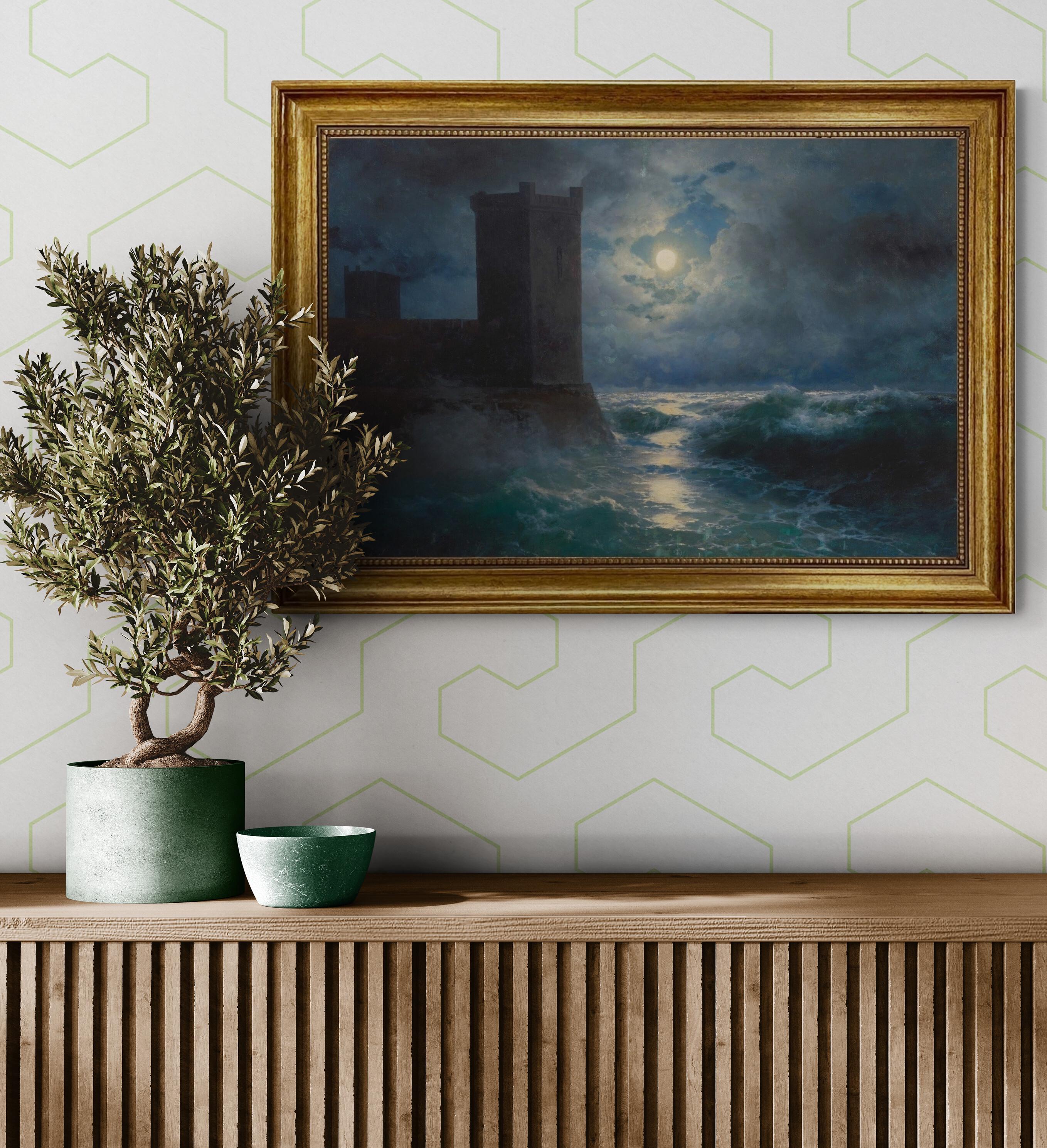 Aivazovsky Black Sea Towers Print, Golden Vintage Frame, Textured Canvas FOSHE ART