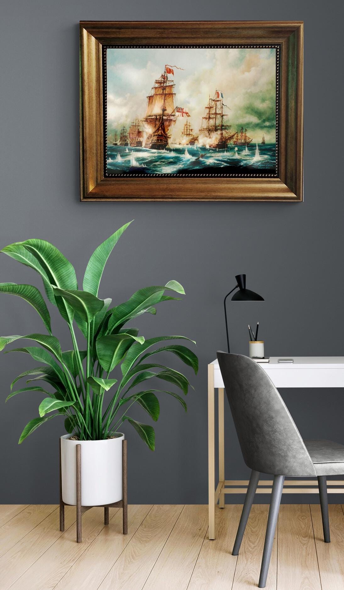 Naval Glory: Battle of Trafalgar, framed premium canvas print, with brushstrokes & golden vintageous frame, looks like original oil painting FOSHE ART