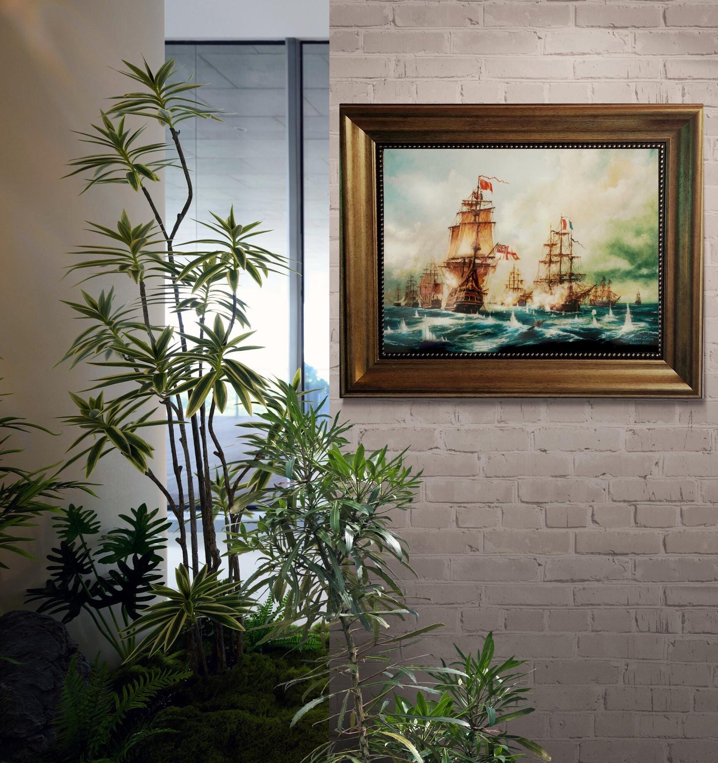 Naval Glory: Battle of Trafalgar, framed premium canvas print, with brushstrokes & golden vintageous frame, looks like original oil painting FOSHE ART