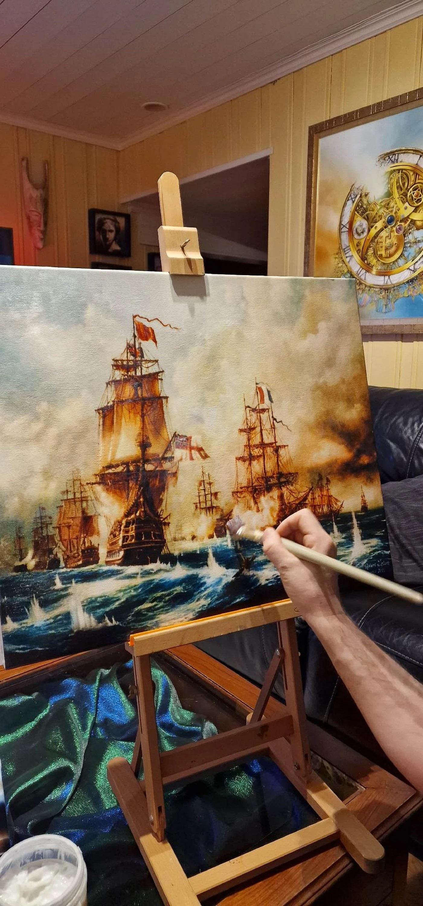 Naval Glory: Battle of Trafalgar, framed premium canvas print, with brushstrokes & golden vintageous frame, looks like original oil painting FOSHE ART