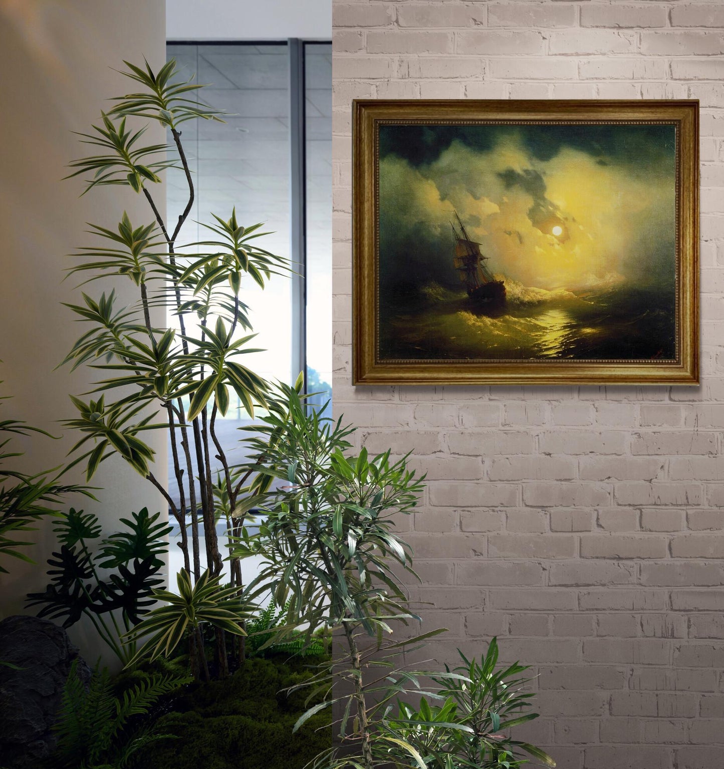 Stormy Sea at Night Aivazovsky Gliclée canvas hand finished premium print with brush strokes and golden vintageous frame looks like original FOSHE ART