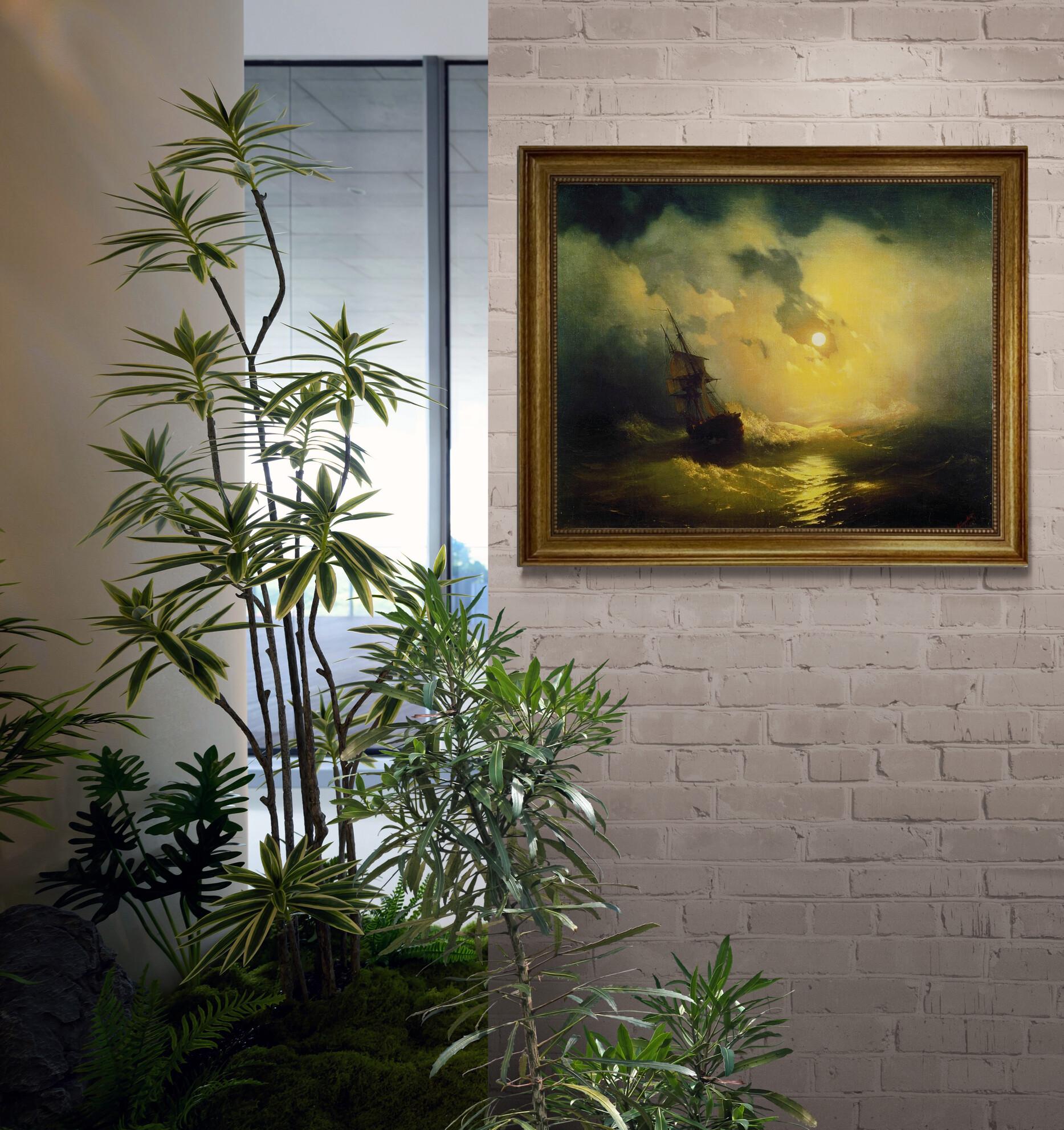 Stormy Sea at Night Aivazovsky Gliclée canvas hand finished premium print with brush strokes and golden vintageous frame looks like original FOSHE ART