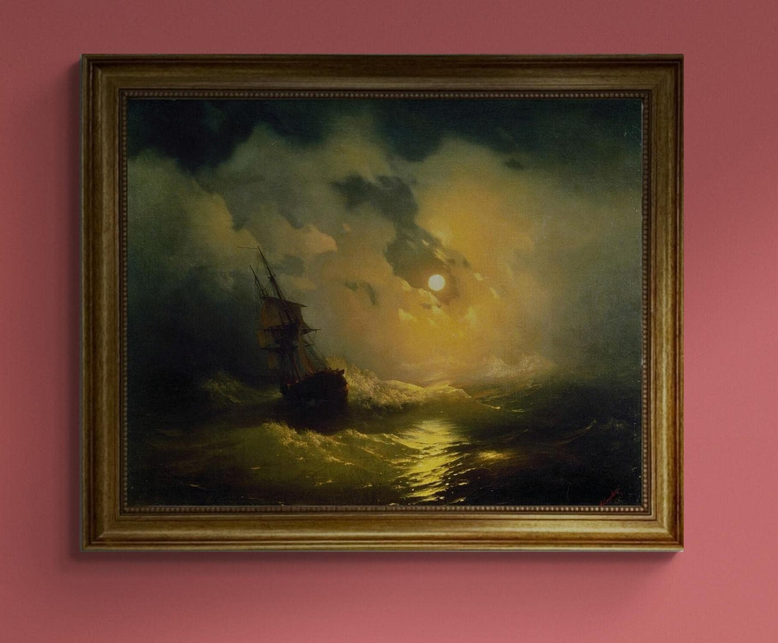 Aivazovsky Stormy Sea at Night Canvas Print: Nautical Maritime Art, Golden Vintage frame FOSHE ART