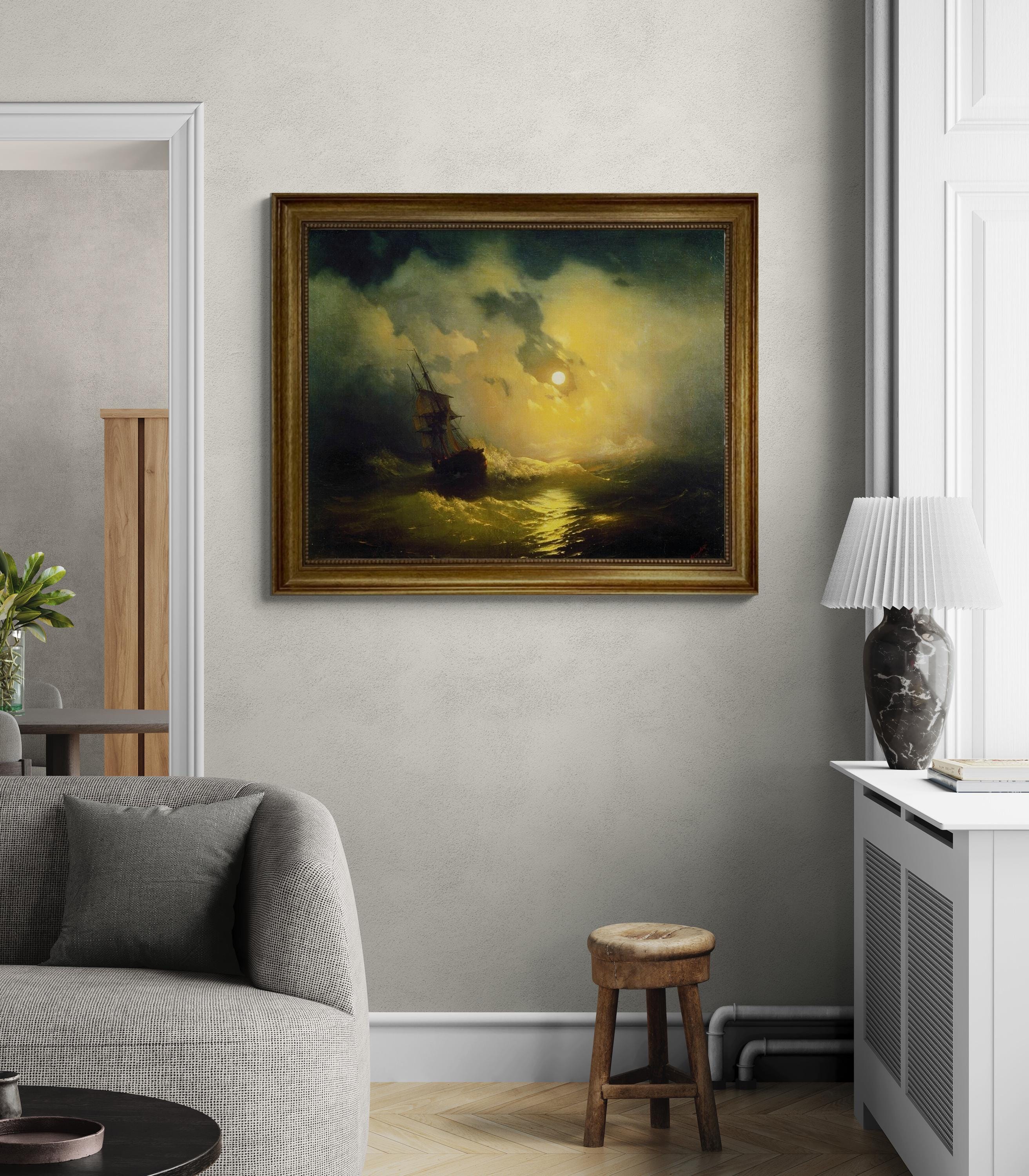Aivazovsky Stormy Sea at Night Canvas Print: Nautical Maritime Art, Golden Vintage frame FOSHE ART