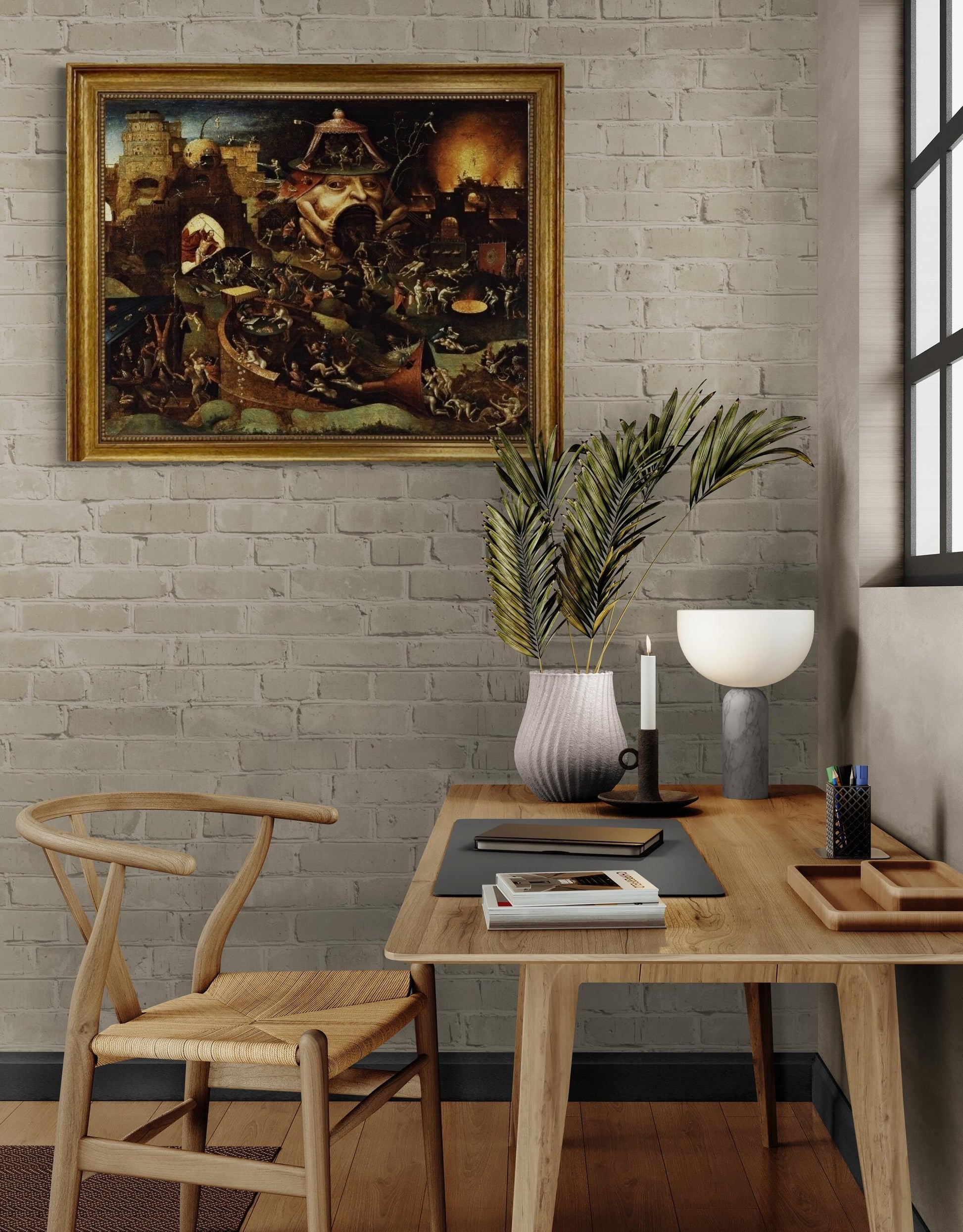 Bosch reproduction Christ in Limbo, canvas hand finished premium print with brush strokes and golden vintageous frame looks like original FOSHE ART