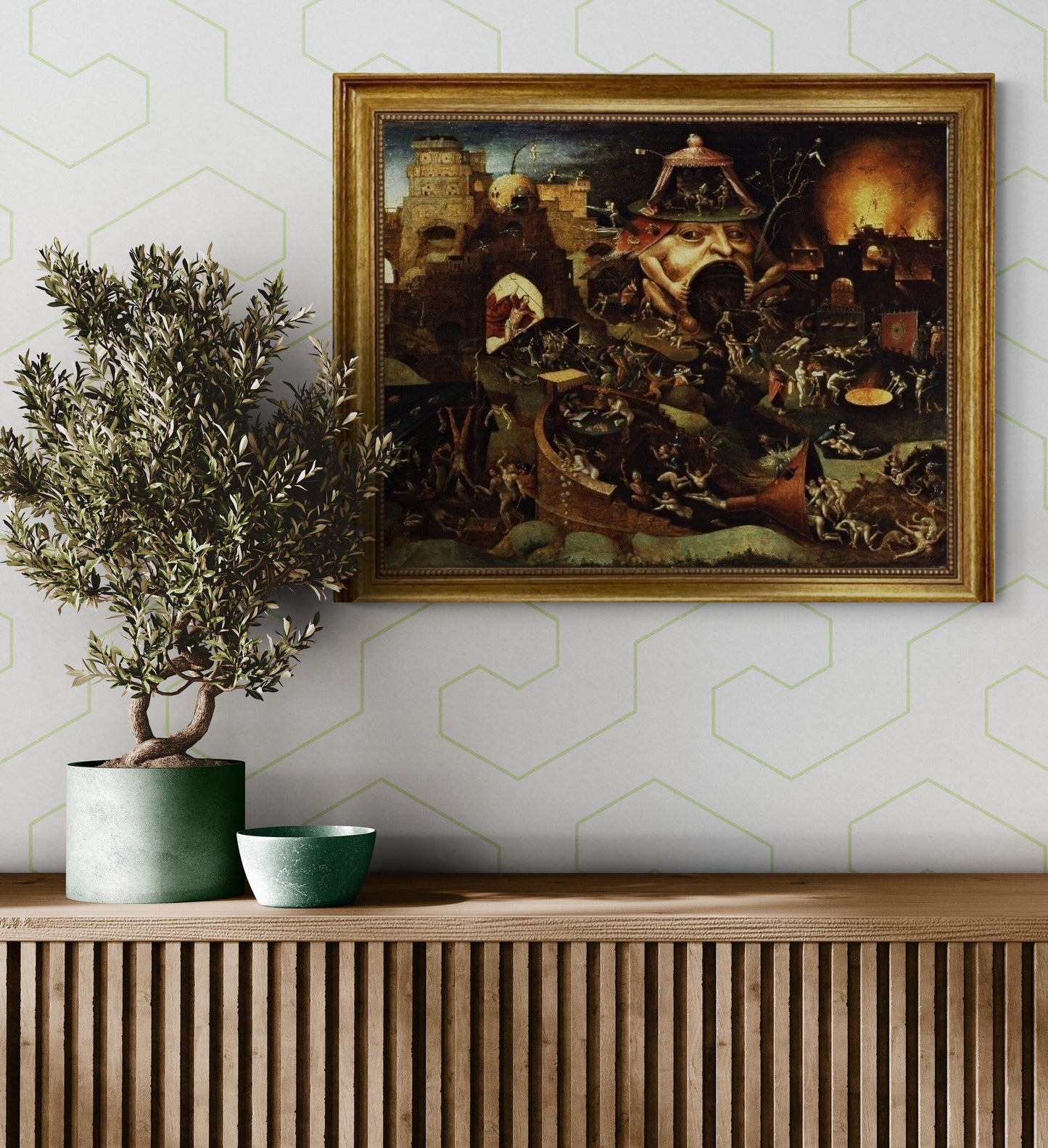 Bosch reproduction Christ in Limbo, canvas hand finished premium print with brush strokes and golden vintageous frame looks like original FOSHE ART