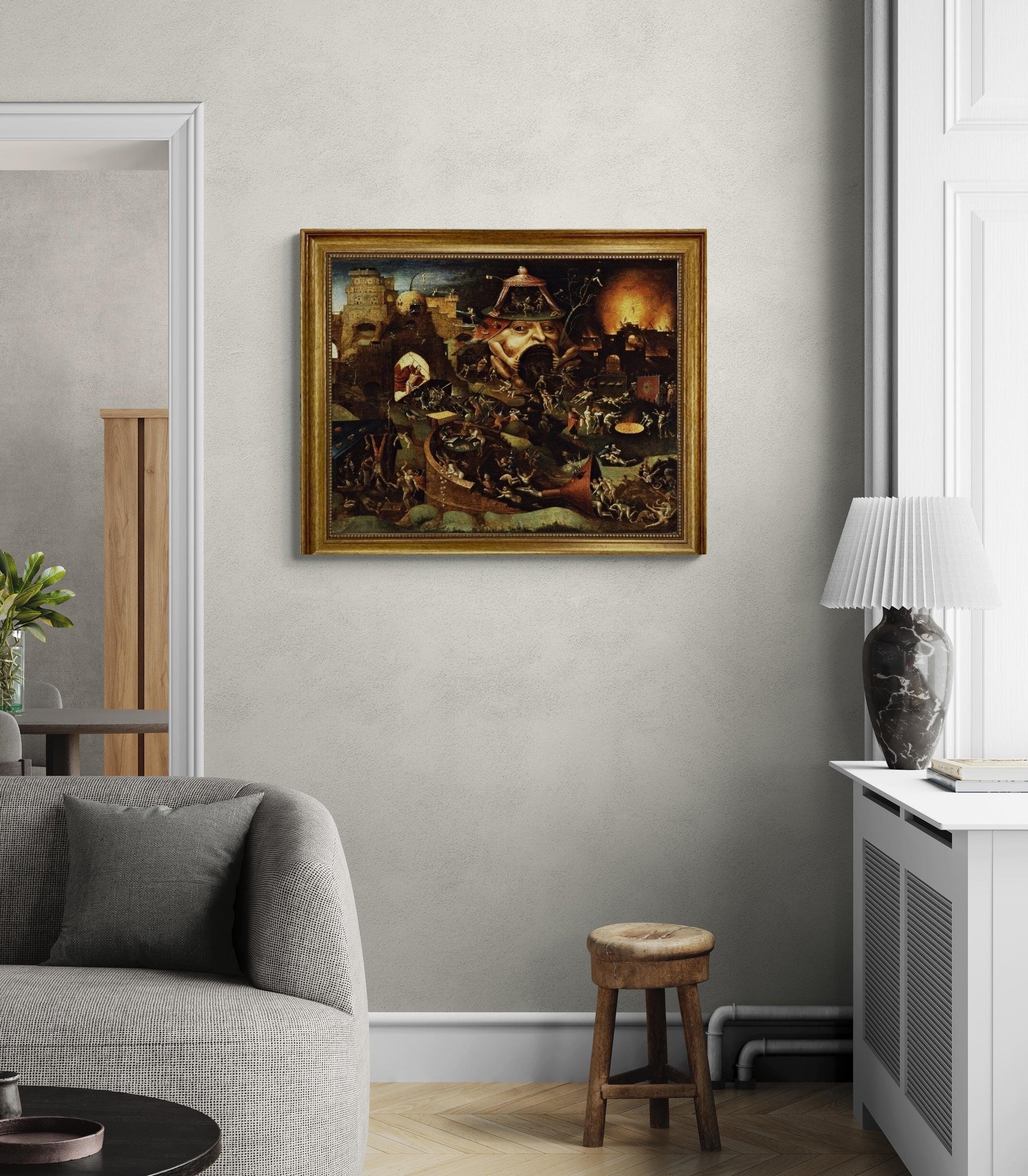 Bosch reproduction Christ in Limbo, canvas hand finished premium print with brush strokes and golden vintageous frame looks like original FOSHE ART