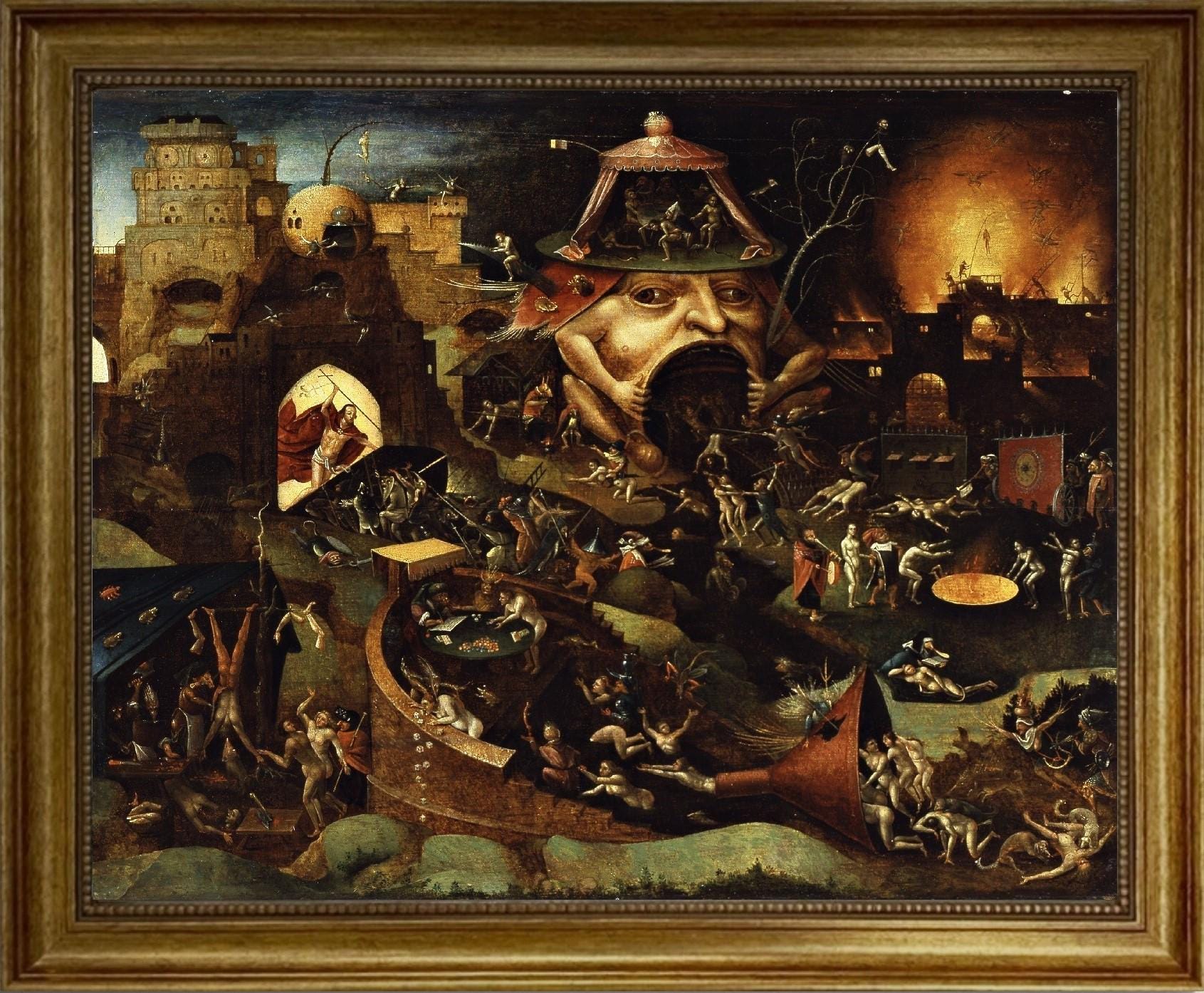 Bosch reproduction Christ in Limbo, canvas hand finished premium print with brush strokes and golden vintageous frame looks like original FOSHE ART