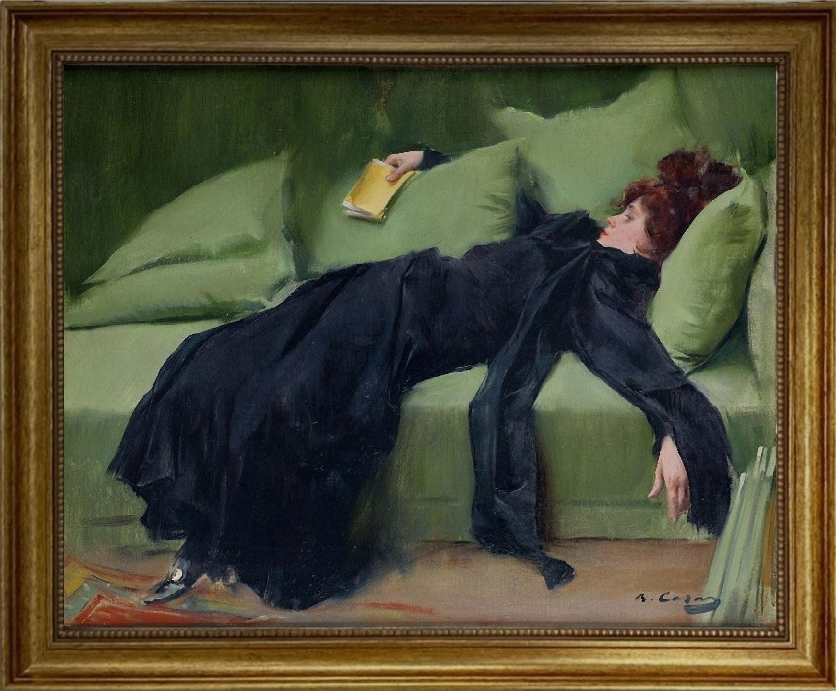 Ramon Casas "Young Decadent" Canvas Print with brush strokes texture and Vintage Golden Frame FOSHE ART