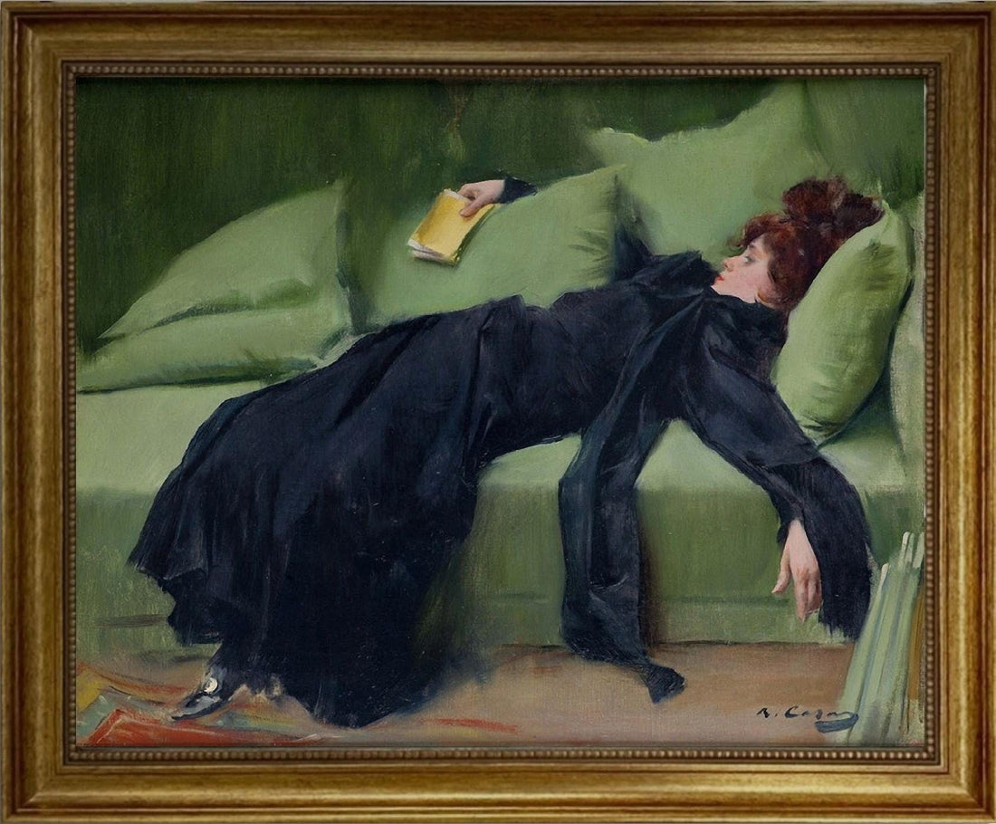 Ramon Casas "Young Decadent" Canvas Print with brush strokes texture and Vintage Golden Frame FOSHE ART