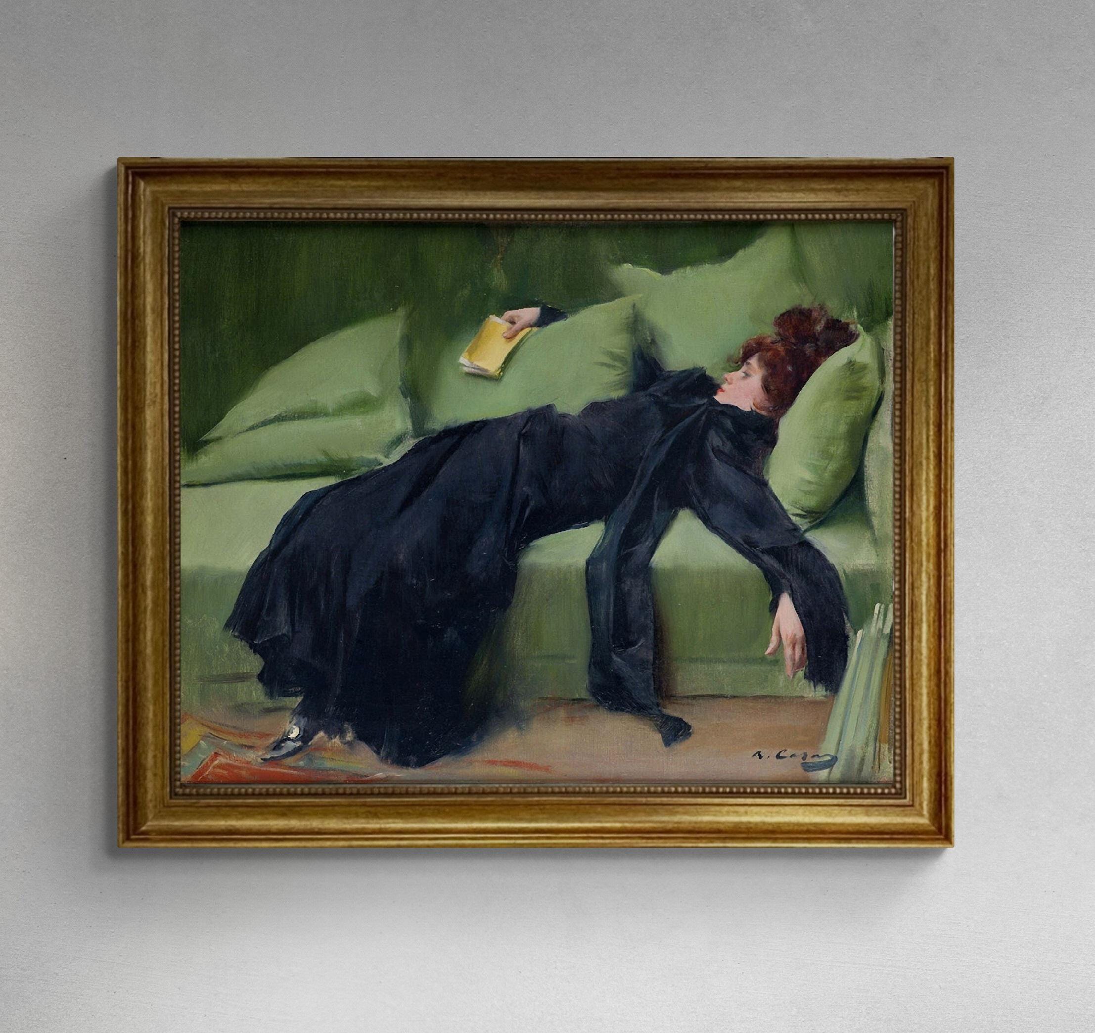Ramon Casas "Young Decadent" Canvas Print with brush strokes texture and Vintage Golden Frame FOSHE ART