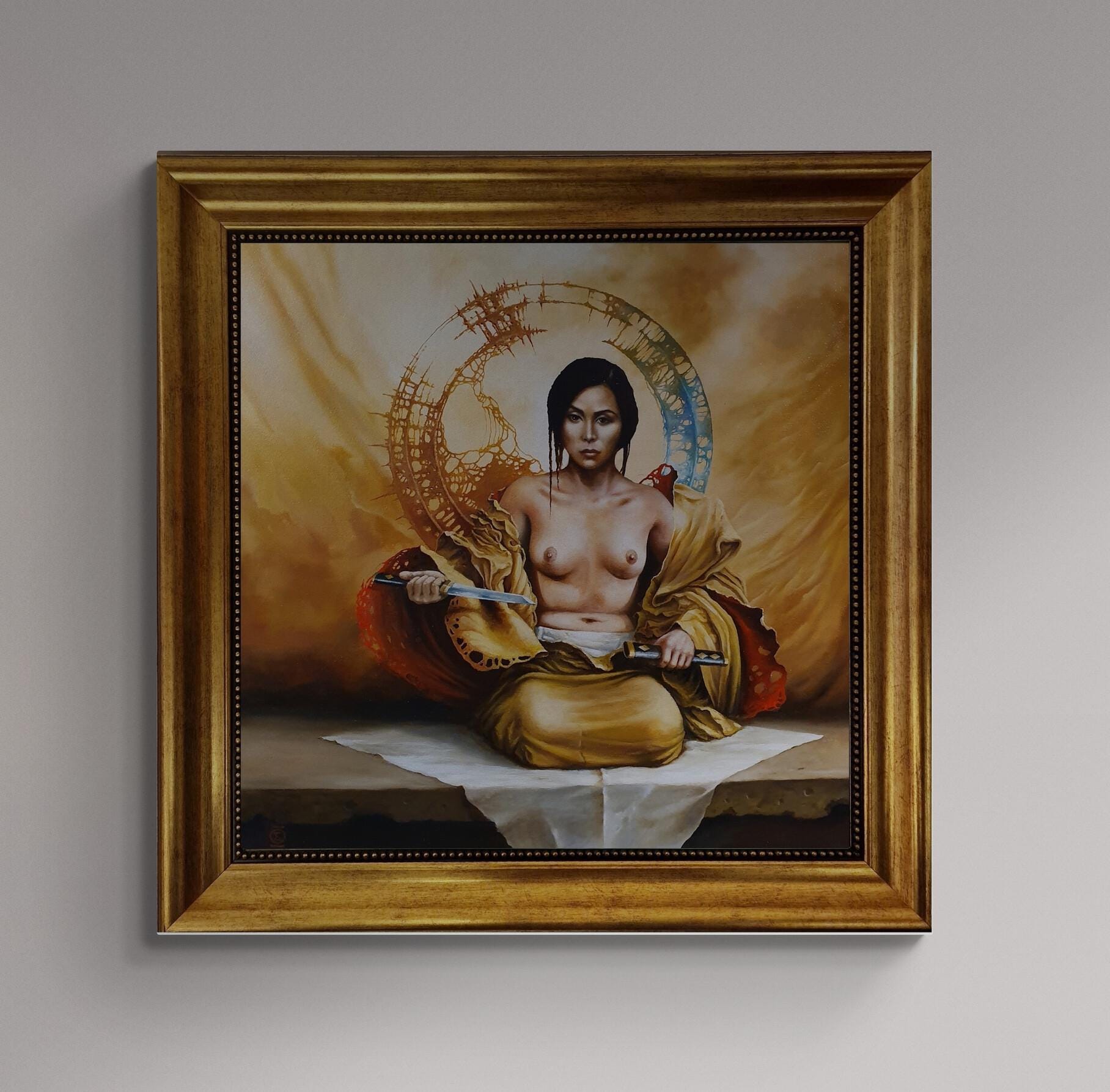 Japanese Girl wallart, Gliclée 3D hand finished premium print on canvas with brush strokes and golden vintageous frame looks like original FOSHE ART
