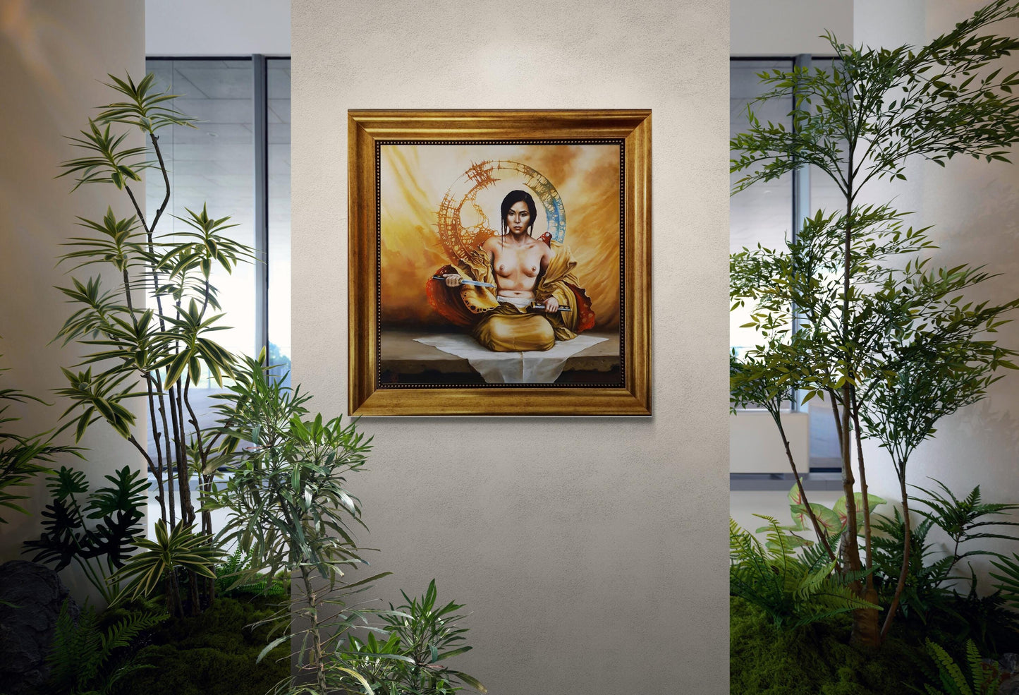 Japanese Girl wallart, Gliclée 3D hand finished premium print on canvas with brush strokes and golden vintageous frame looks like original FOSHE ART