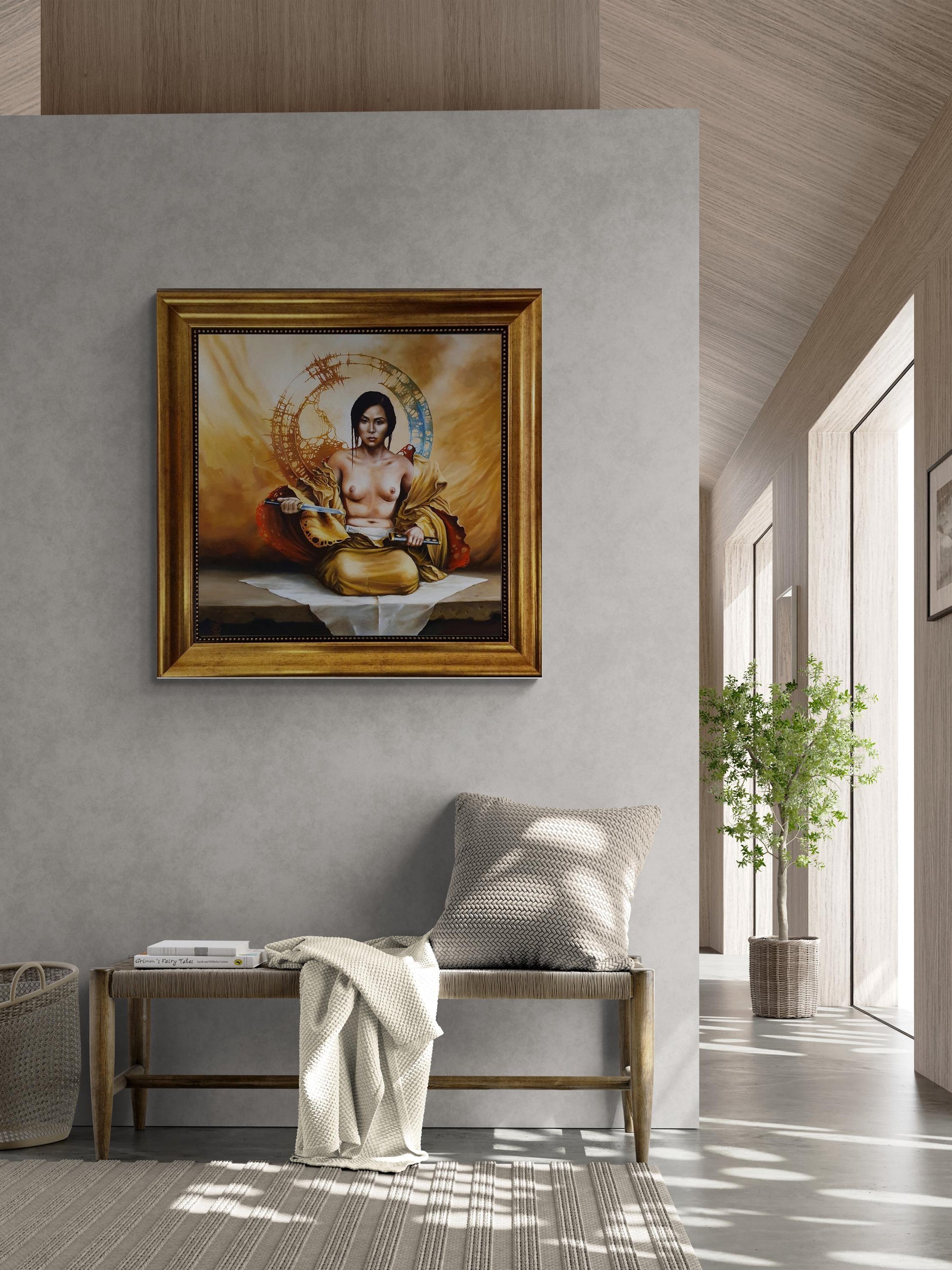 Japanese Girl wallart, Gliclée 3D hand finished premium print on canvas with brush strokes and golden vintageous frame looks like original FOSHE ART