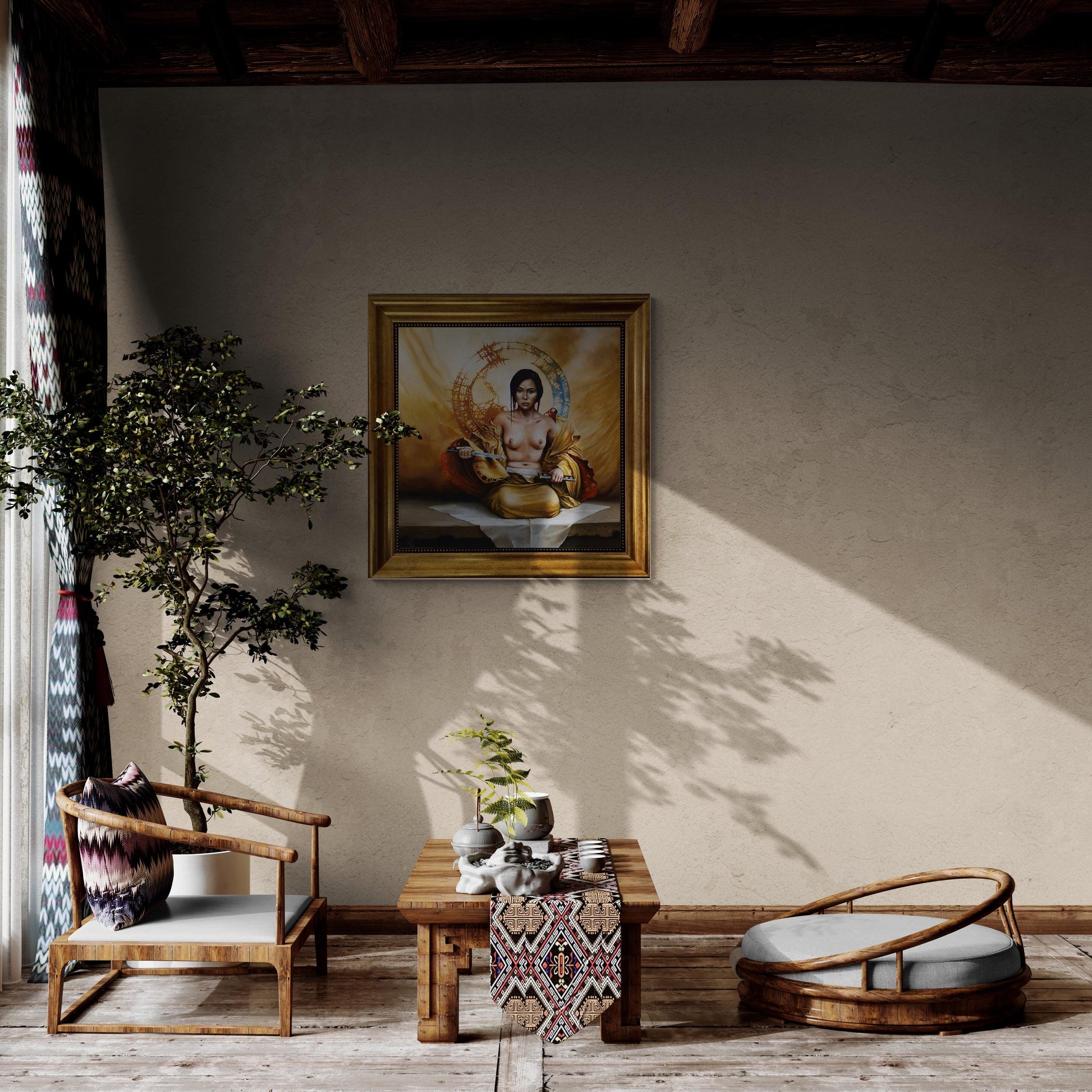 Japanese Girl wallart, Gliclée 3D hand finished premium print on canvas with brush strokes and golden vintageous frame looks like original FOSHE ART