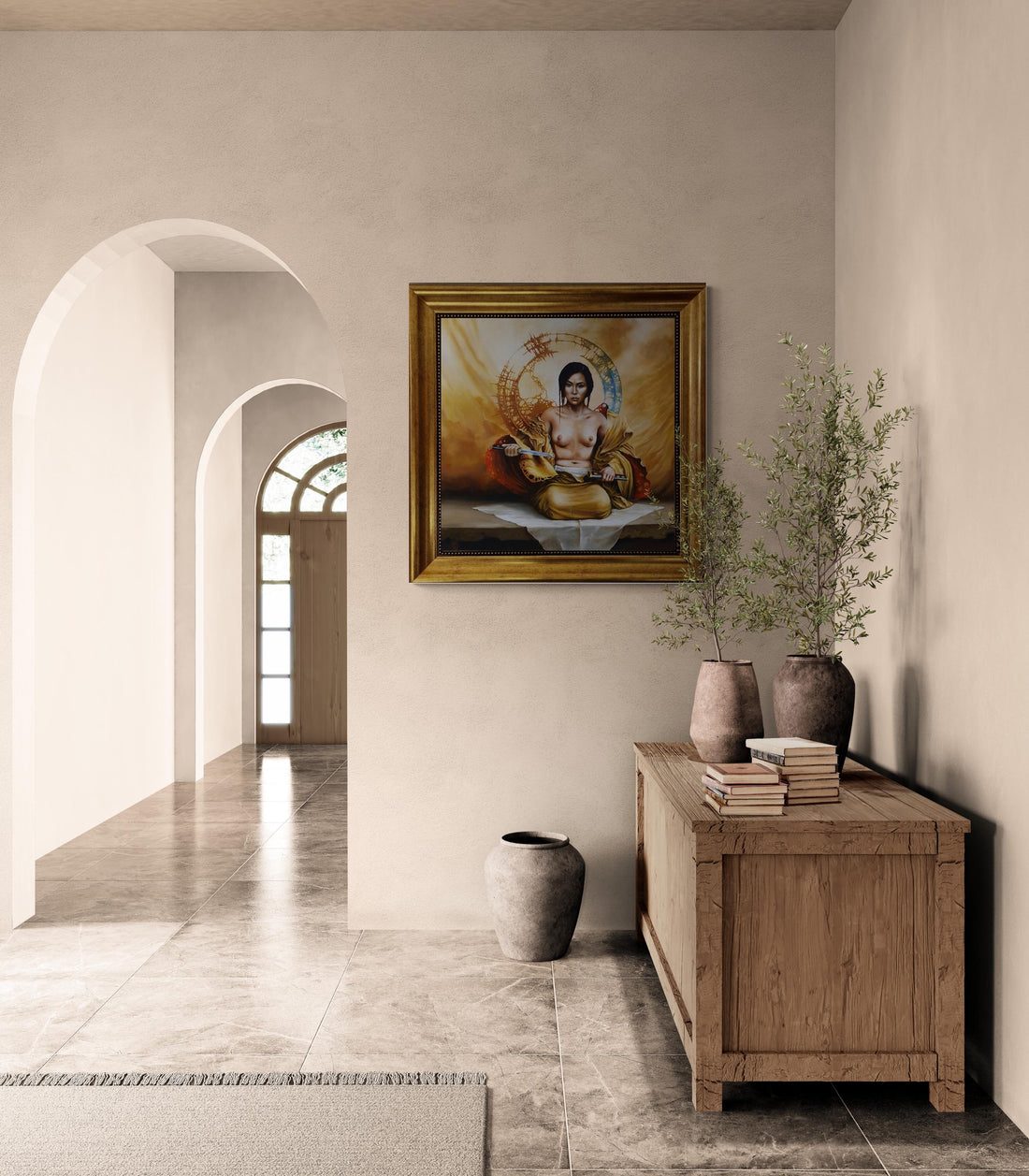 Japanese Girl wallart, Gliclée 3D hand finished premium print on canvas with brush strokes and golden vintageous frame looks like original FOSHE ART