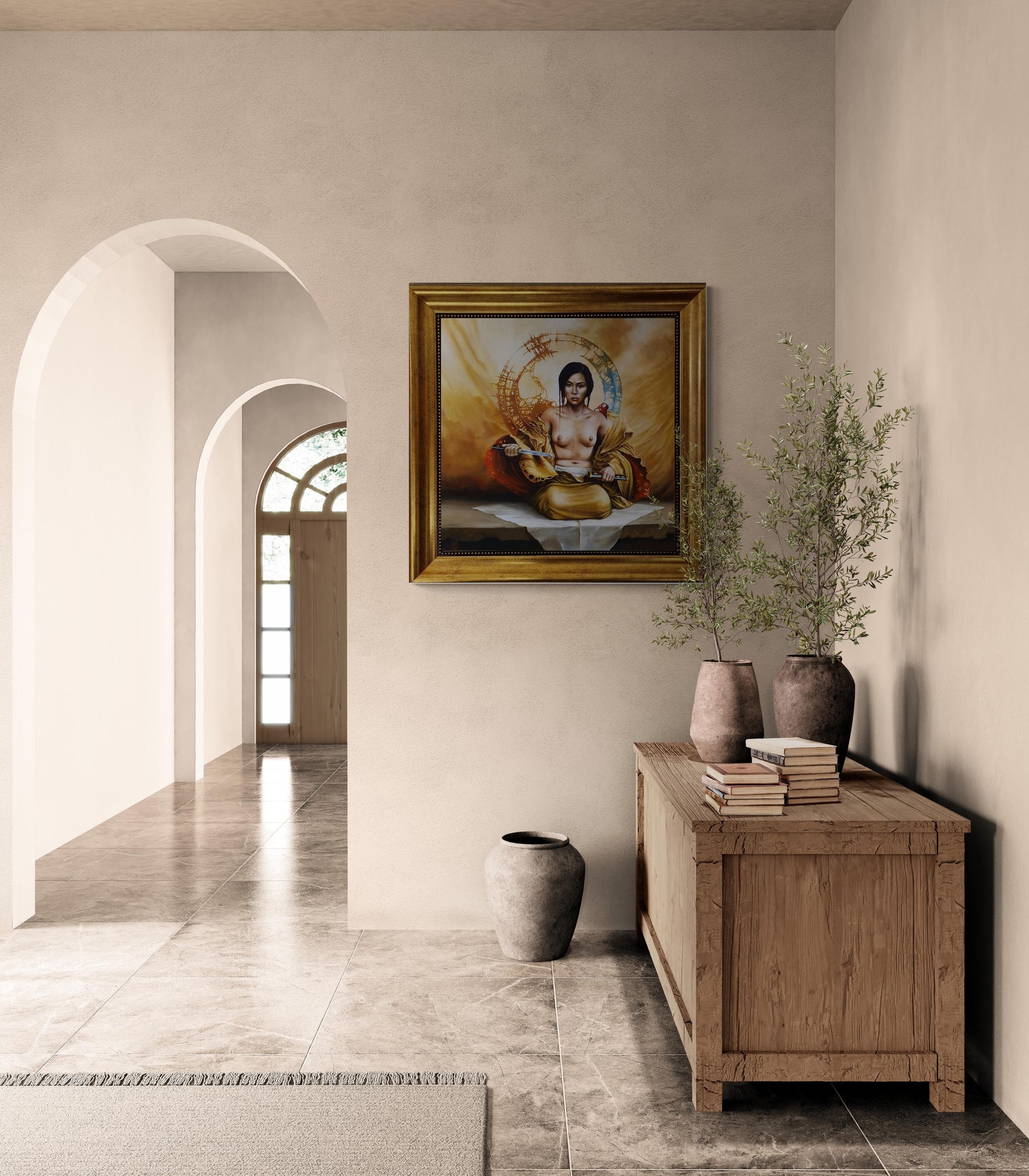 Japanese Girl wallart, Gliclée 3D hand finished premium print on canvas with brush strokes and golden vintageous frame looks like original FOSHE ART