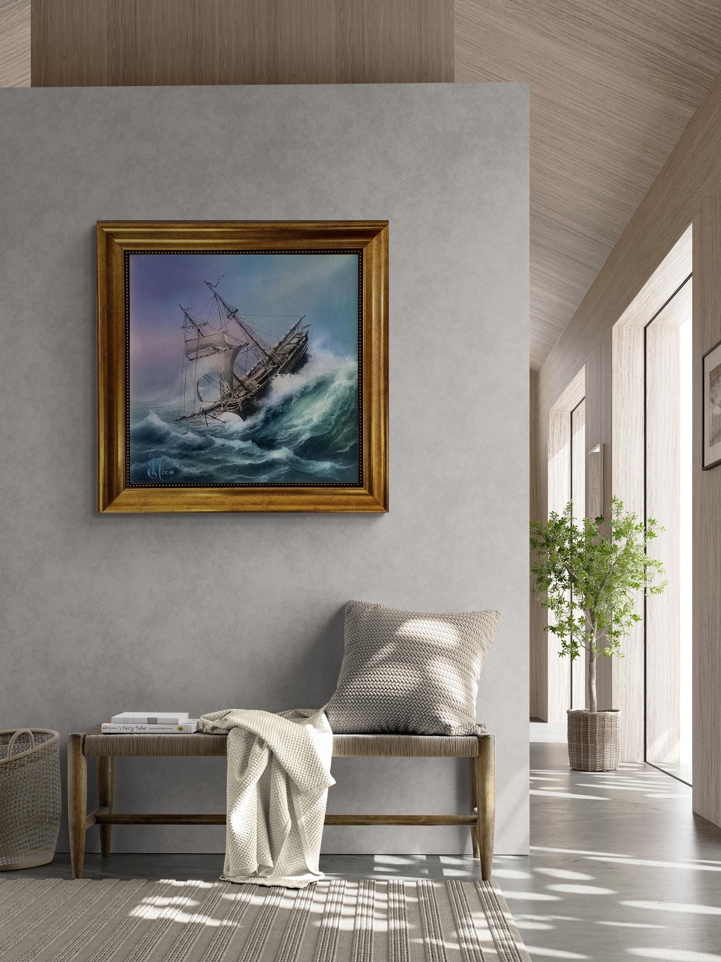 Ship at rough sea, Tall Ship Giclee canvas hand finished premium 3D print w brush strokes and golden vintageous frame looks like original FOSHE ART