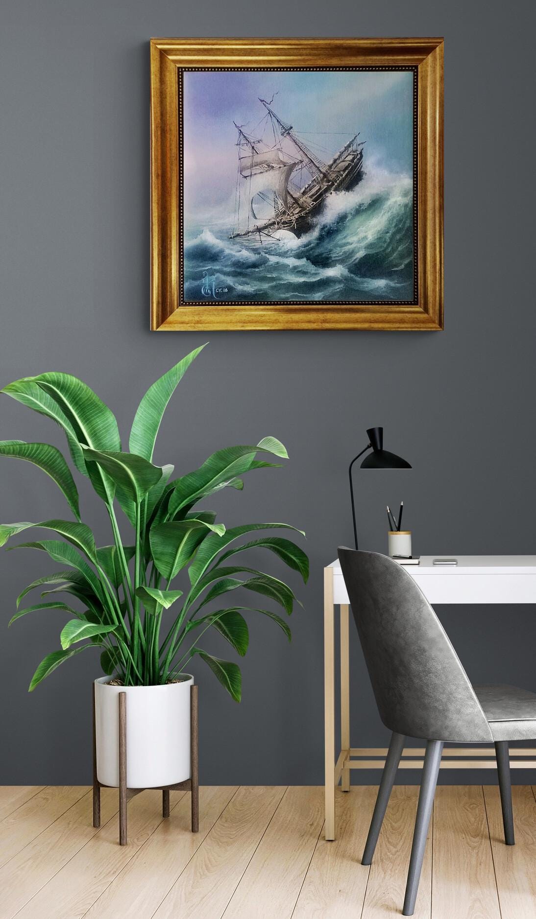 Ship at rough sea, Tall Ship Giclee canvas hand finished premium 3D print w brush strokes and golden vintageous frame looks like original FOSHE ART