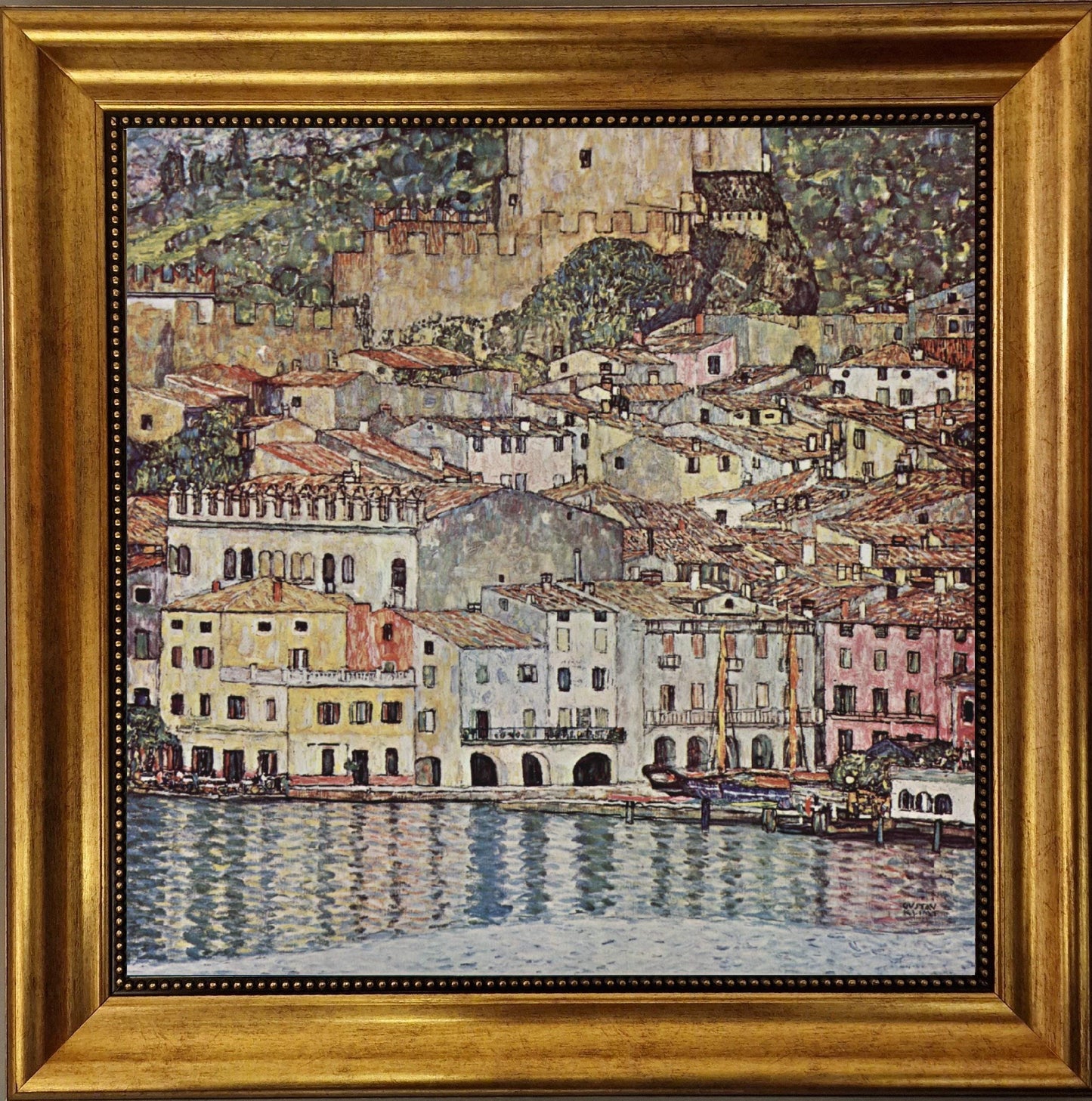 GUSTAV KLIMT Malcena at the Gardasee Gliclée canvas hand finished print with brush strokes and golden vintageous frame looks like original FOSHE ART