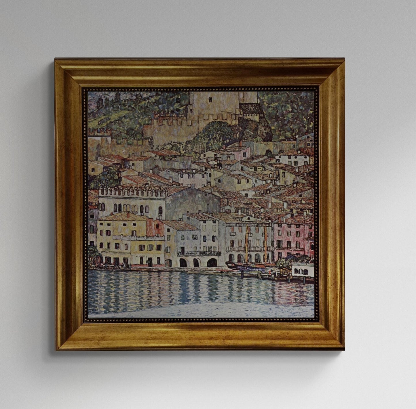 GUSTAV KLIMT Malcena at the Gardasee Gliclée canvas hand finished print with brush strokes and golden vintageous frame looks like original FOSHE ART