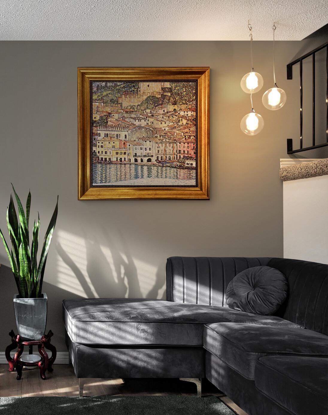 GUSTAV KLIMT Malcena at the Gardasee Gliclée canvas hand finished print with brush strokes and golden vintageous frame looks like original FOSHE ART