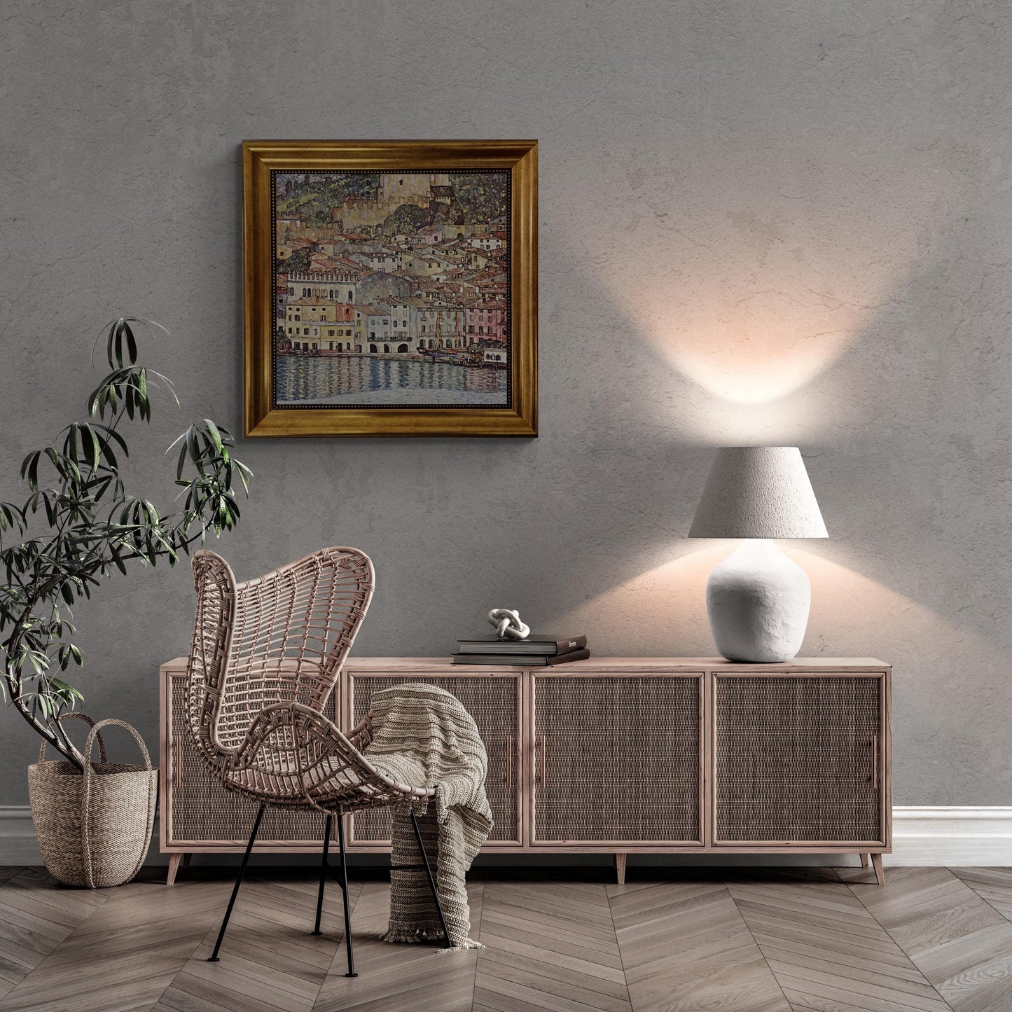 GUSTAV KLIMT Malcena at the Gardasee Gliclée canvas hand finished print with brush strokes and golden vintageous frame looks like original FOSHE ART