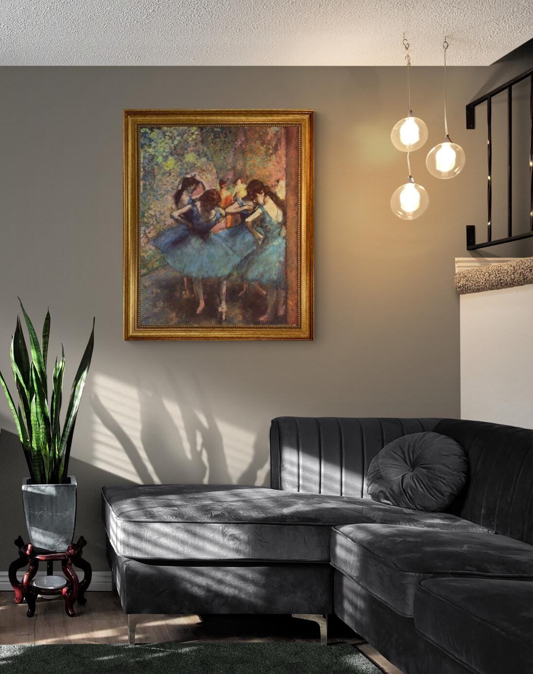 Degas Dancers in Blue: Giclée Canvas Print with Golden Vintage Frame FOSHE ART