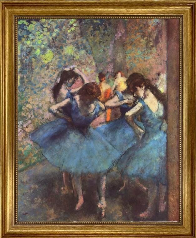 Degas Dancers in Blue: Giclée Canvas Print with Golden Vintage Frame FOSHE ART