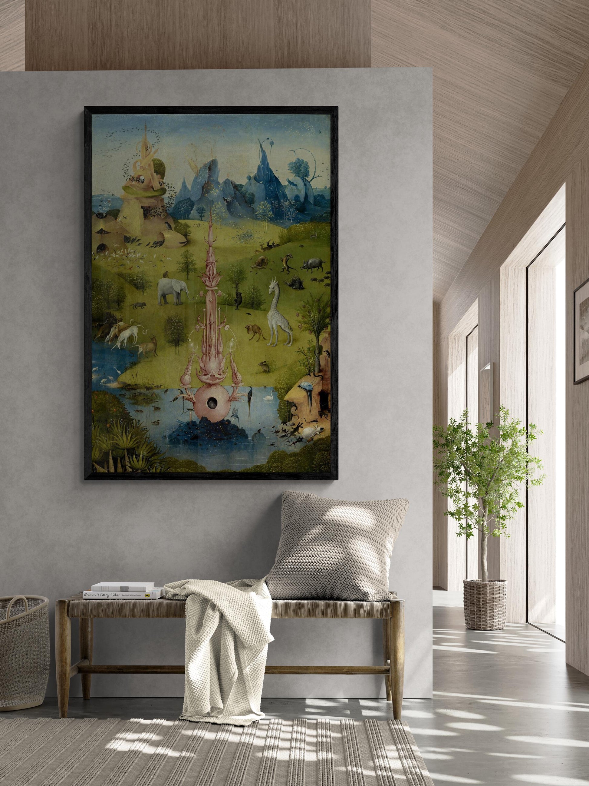 Bosch canvas print reproduction: detail from Garden of Earthly Delights, Fountain of Paradise, Bosch Garden Canvas Print with floating frame FOSHE ART